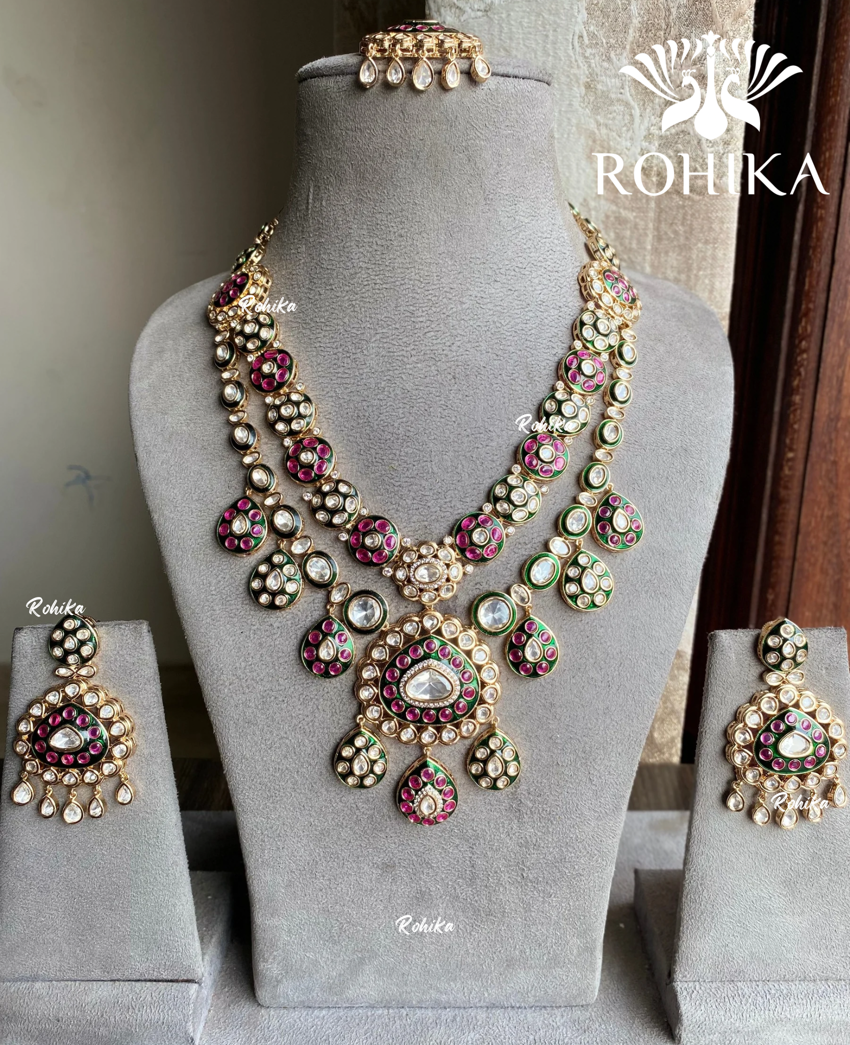 Tapasya moisanite polki necklace set - Green and Pink