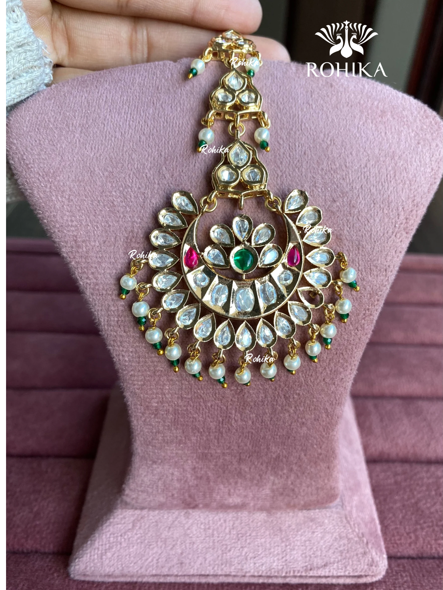 Polki kundan maangtikka (PLKM-032) - Pink & green