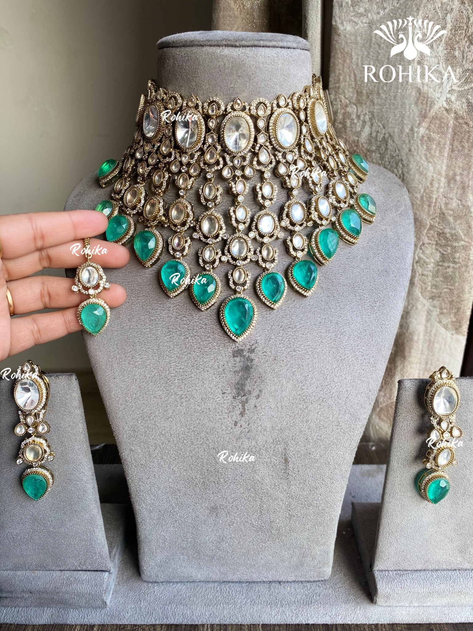 Sharan moisanite doublet bridal necklace set - Mint Green