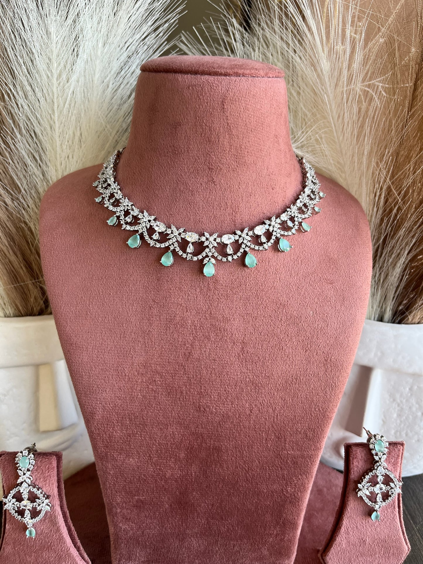 Hinaya American diamond necklace set - Mint green