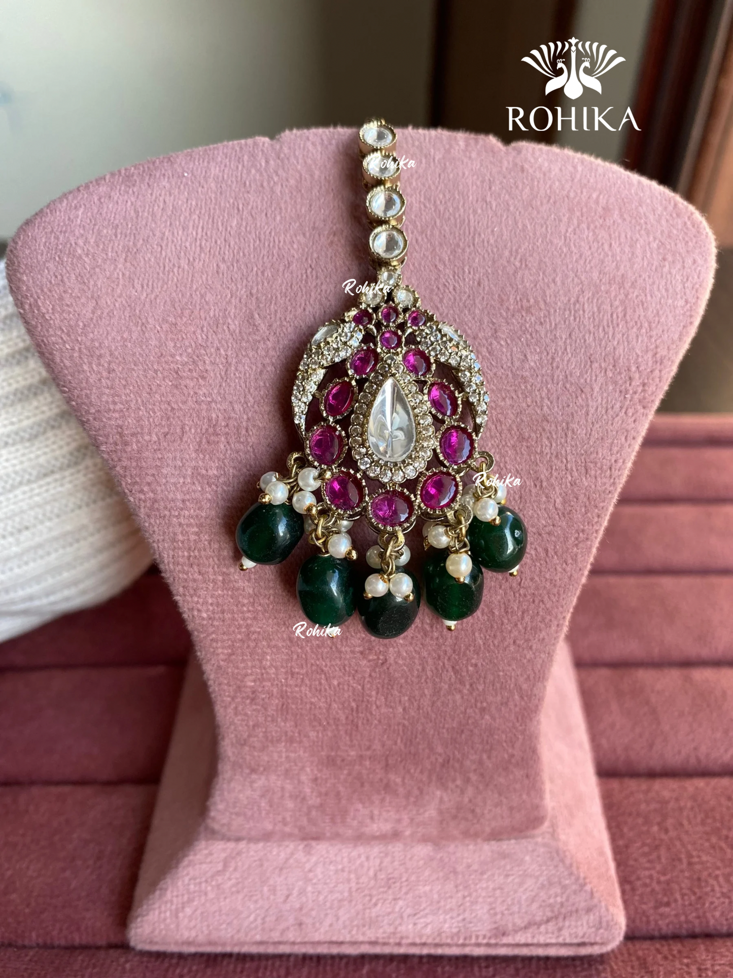 Polki kundan maangtikka (PLKM-052) - Dark green & pink