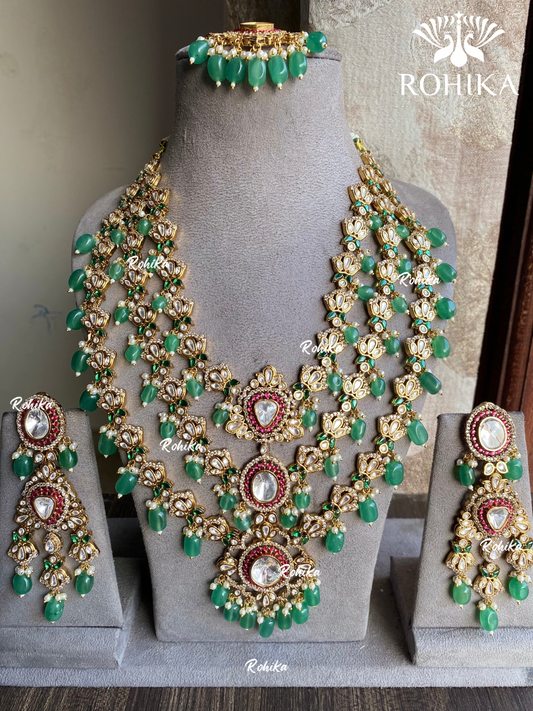 Pranali polki kundan long necklace set  - Mint Green