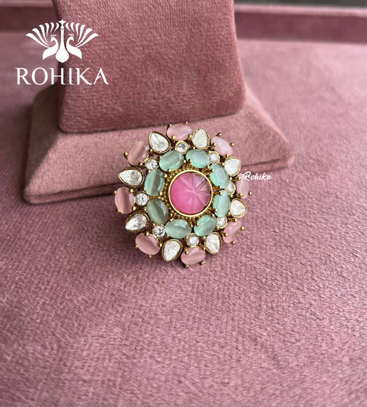 Angana polki kundan ring  (SG-006) - Mint green and Pink