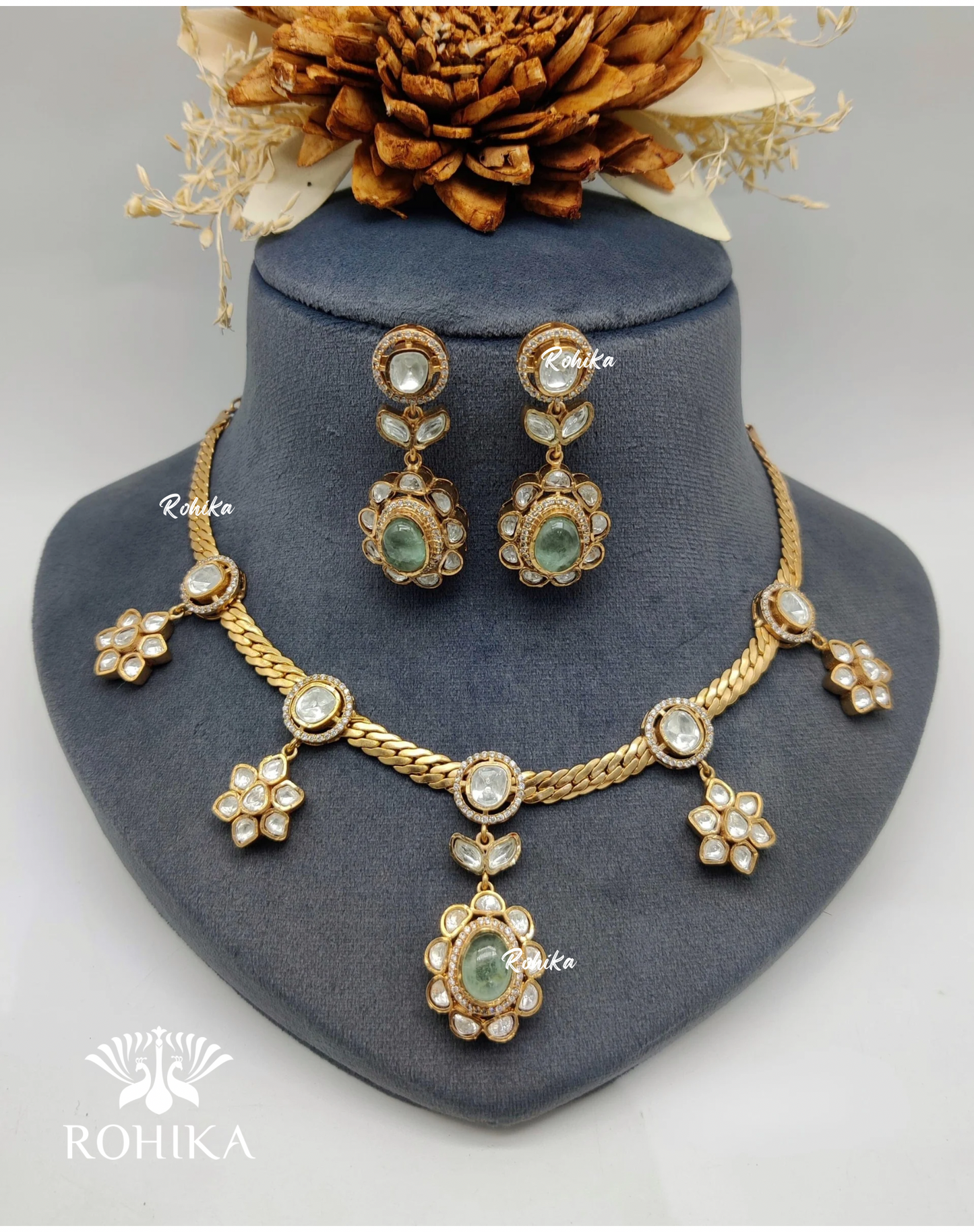 Jasmine polki kundan necklace set - Mint green