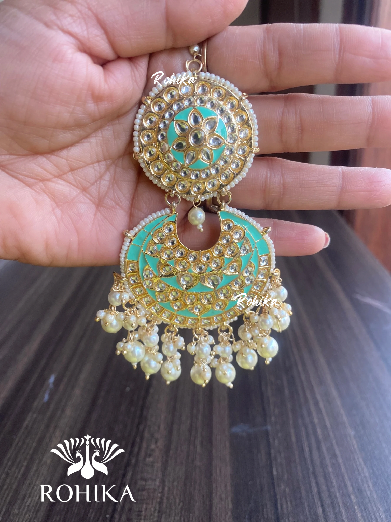 Tisha earrings and maangtikka combo - Mint green