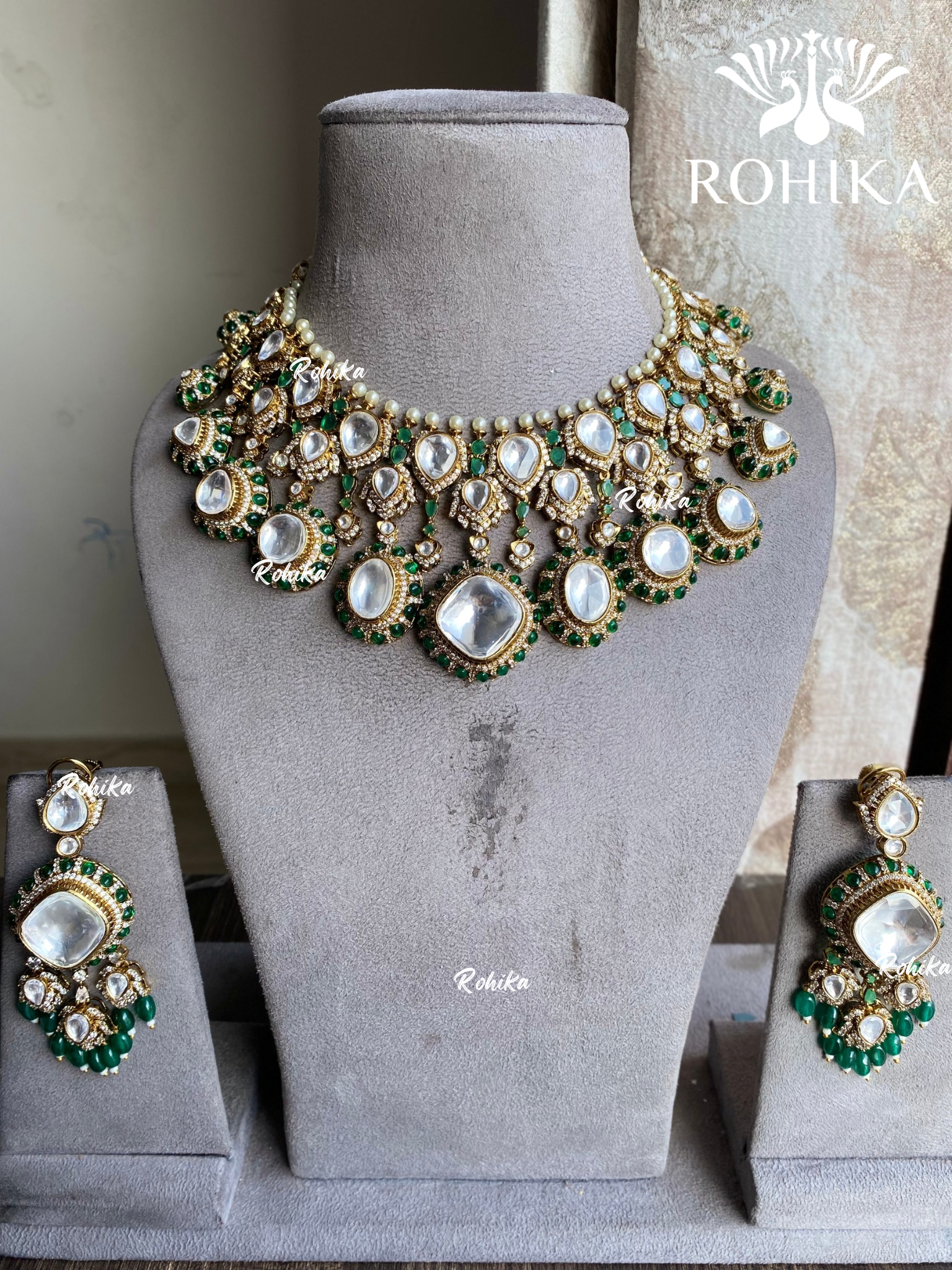 Rashmika polki kundan necklace set - Green