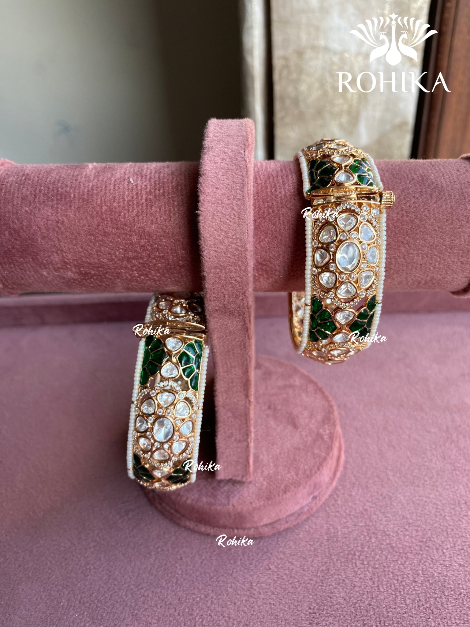 Leela moisanite polki kundan kada/bangles - Green