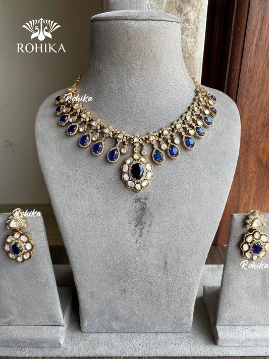 Mallika polki kundan necklace set - Navy blue