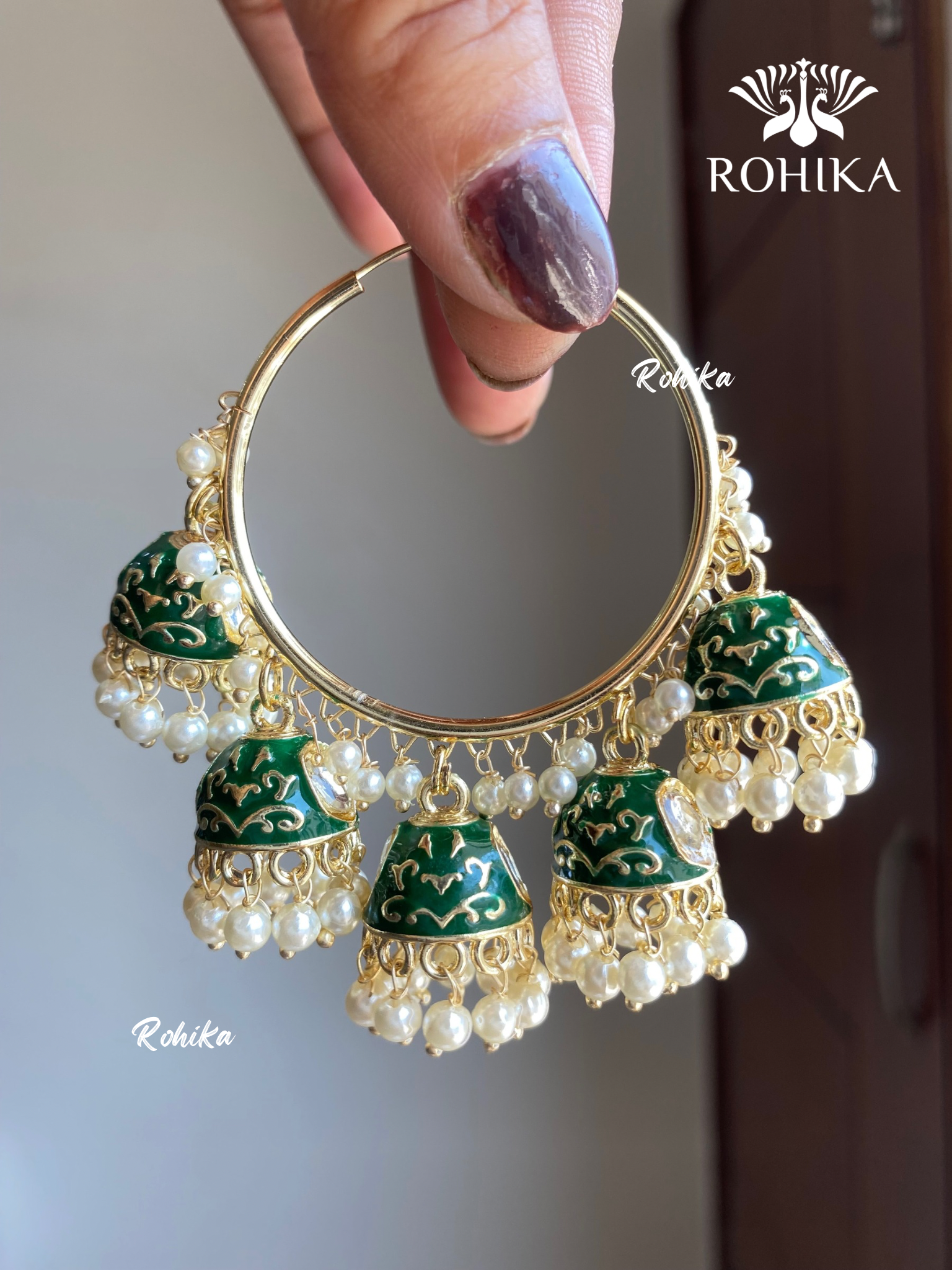 Neena meenakari jhumki bali earrings - Dark Green