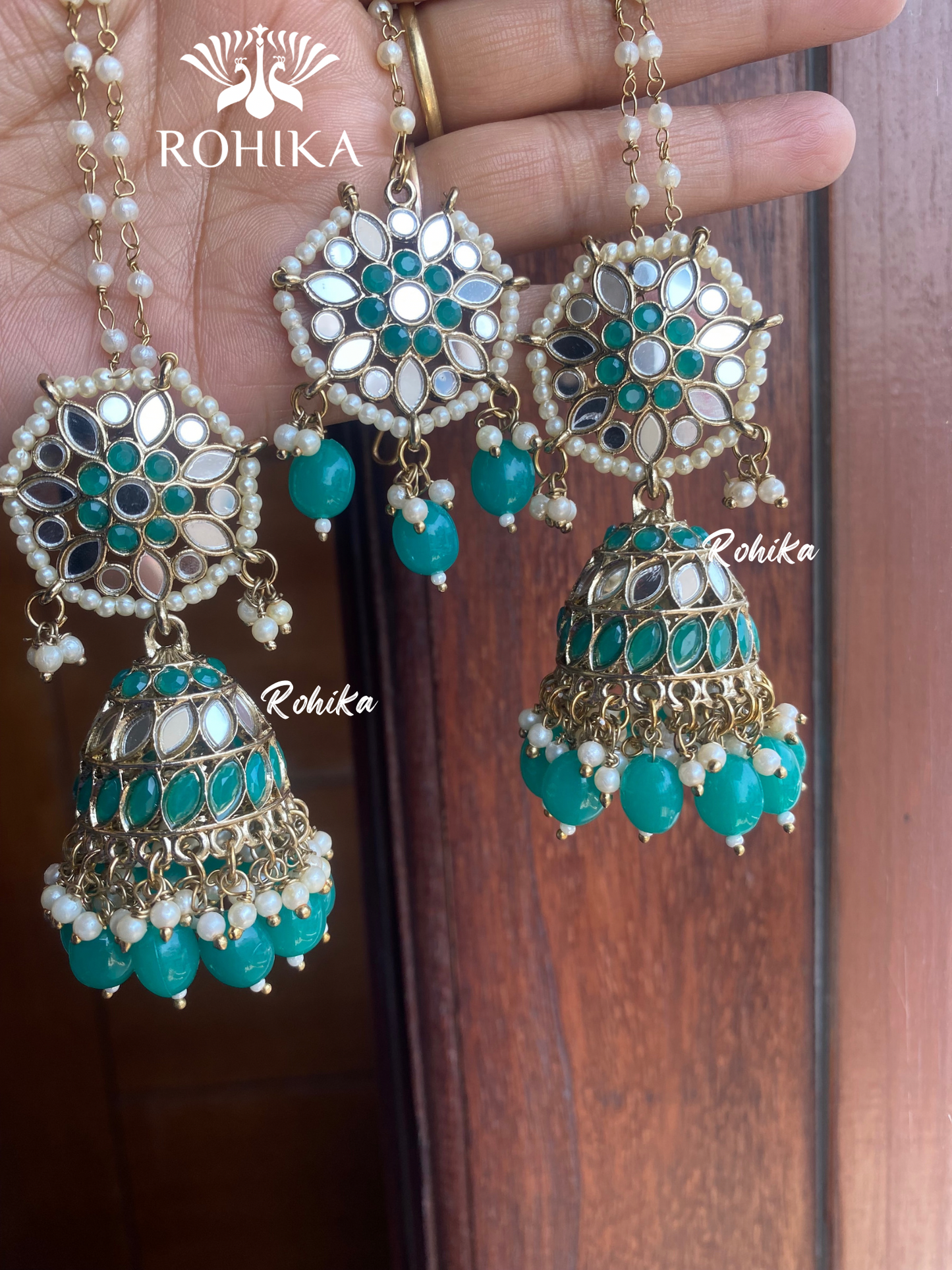 Chamki mirror earrings tikka combo - Dark Green