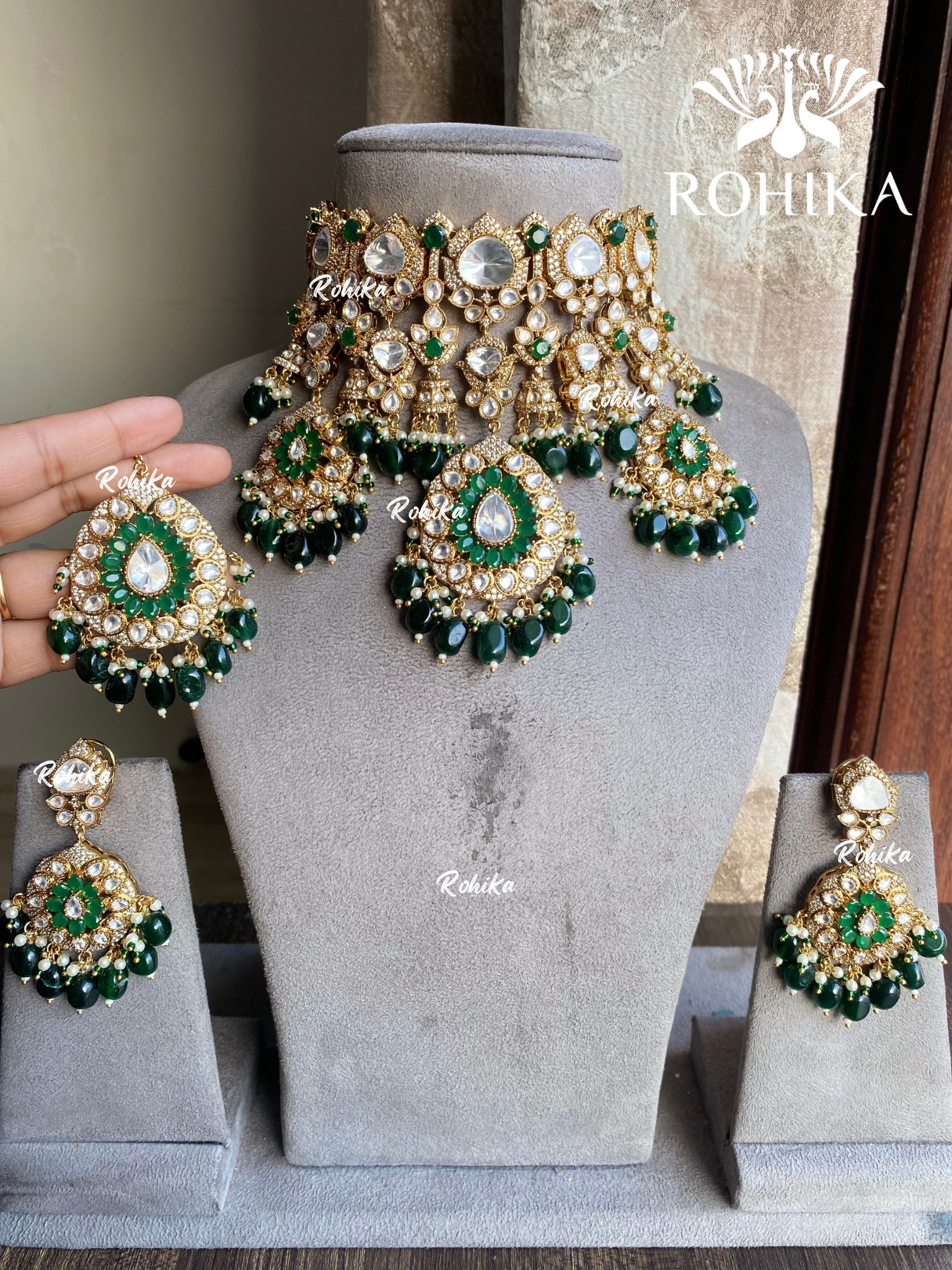 Prithvi moisanite polki kundan choker set - Green