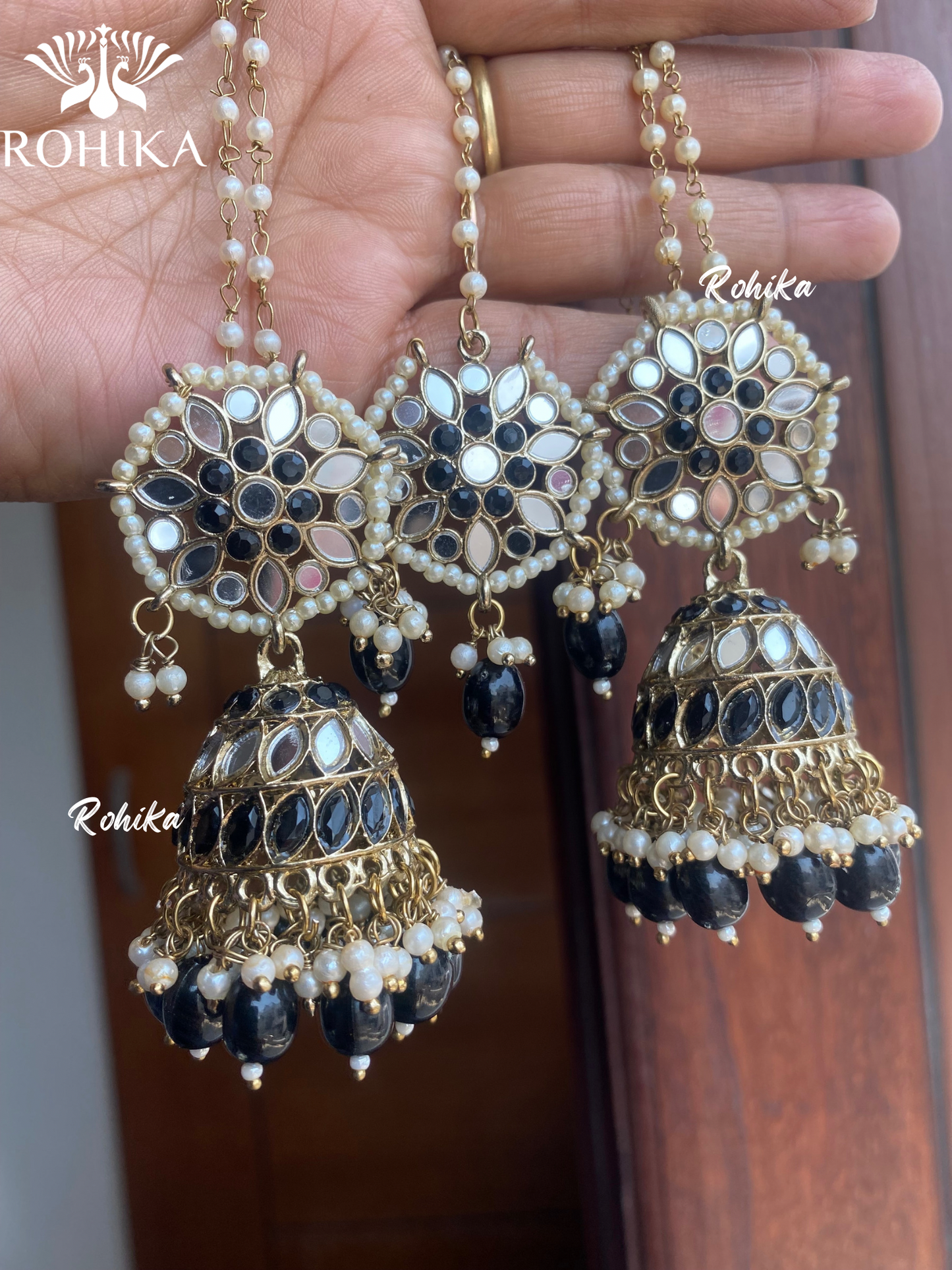 Chamki mirror earrings tikka combo - Black