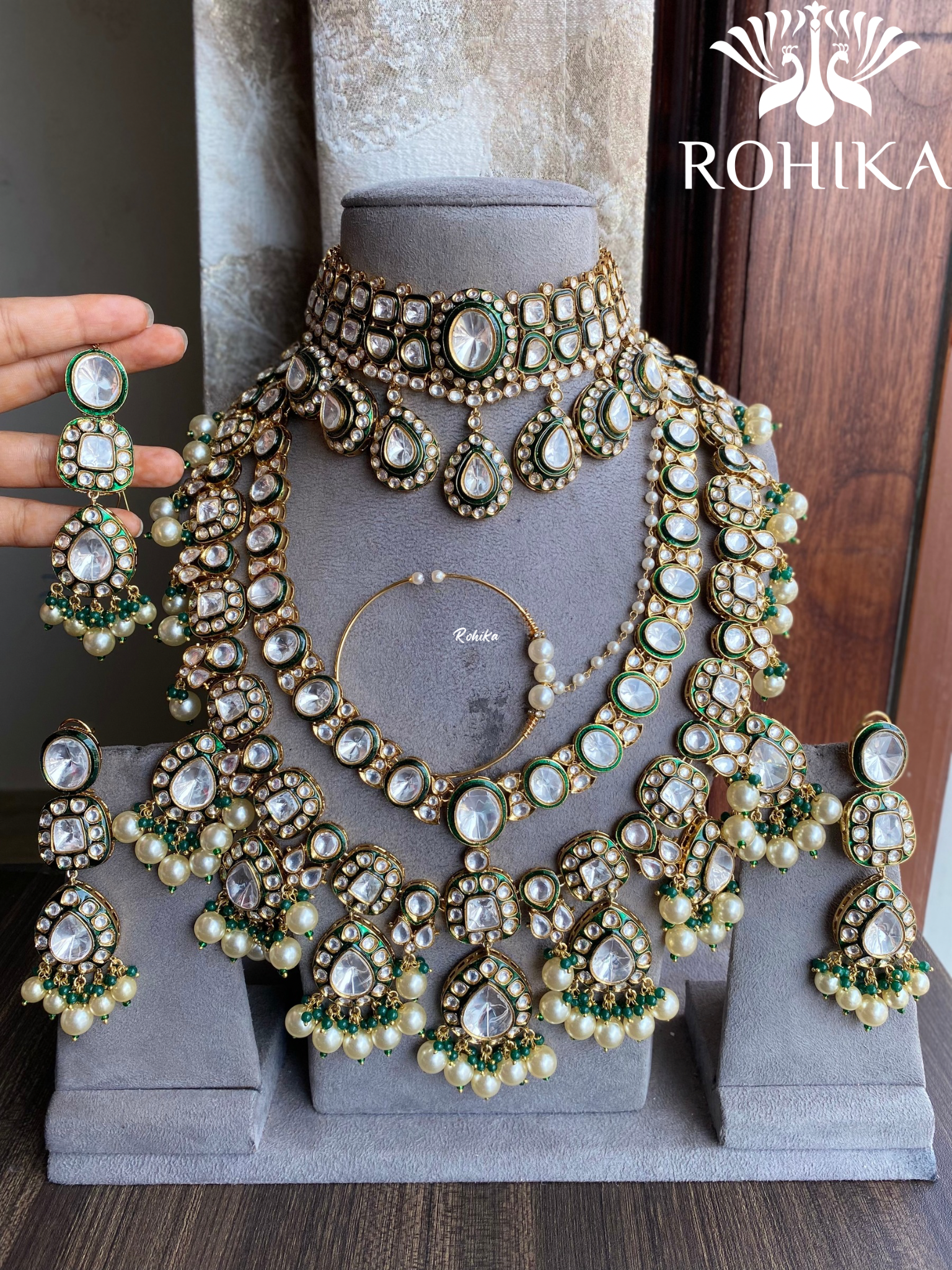 Jal bikaneri polki kundan bridal combo set - Dark Green