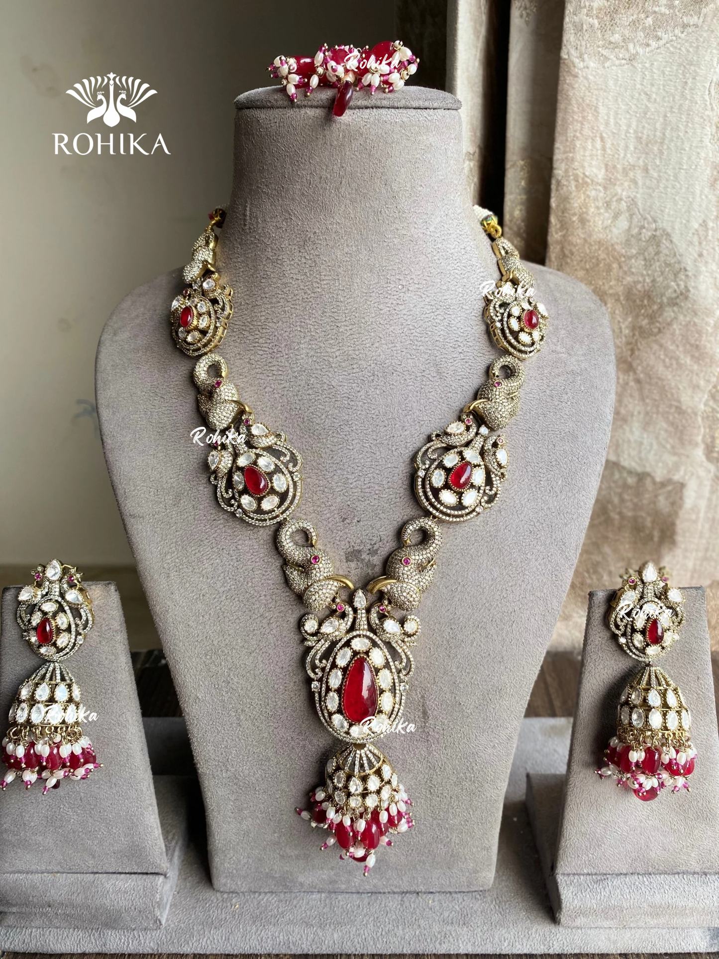 Maura moisanite long necklace set - Ruby red