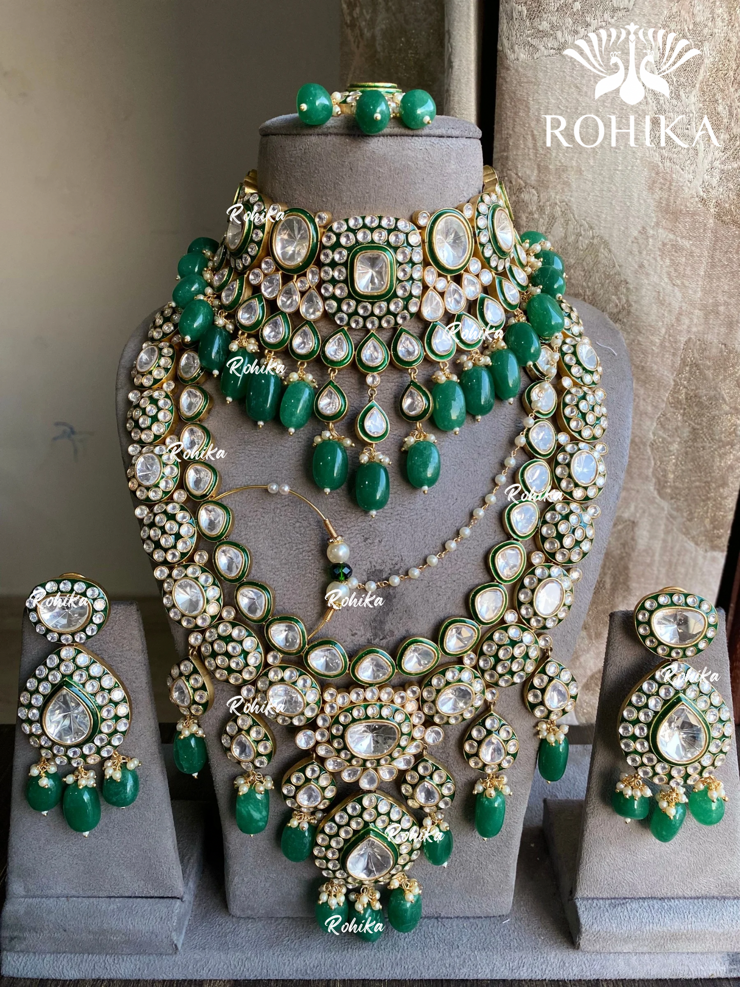 Agneya polki kundan bridal combo set - Dark Green