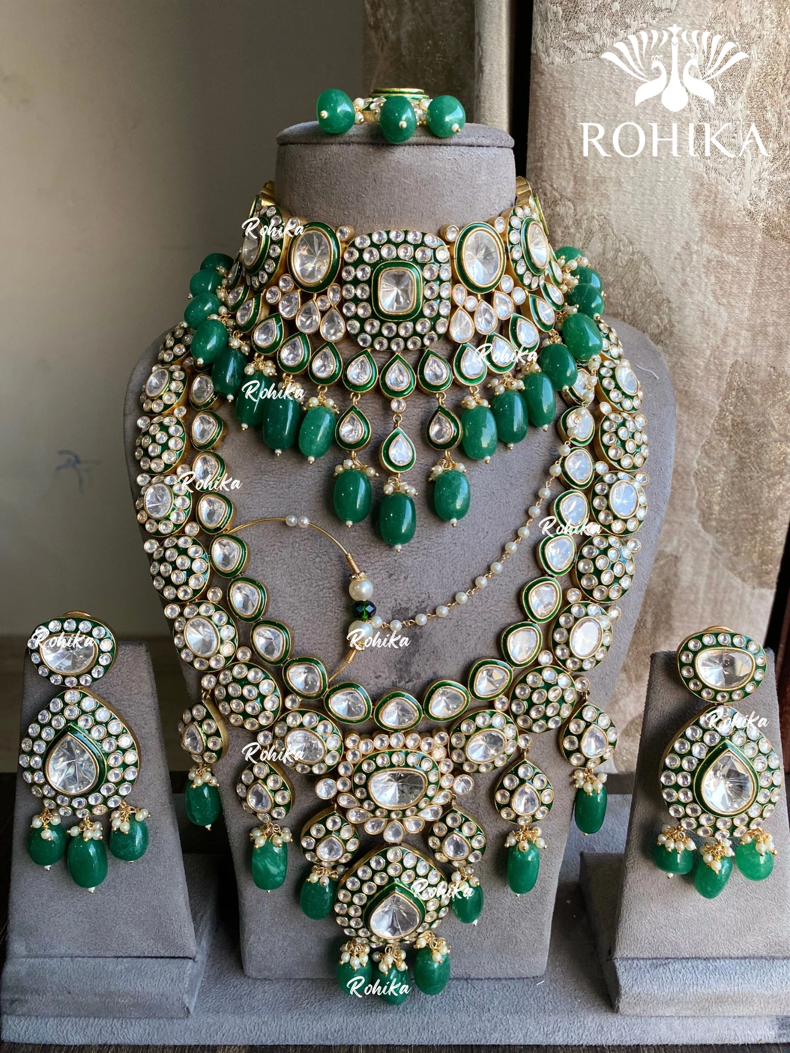 Agneya polki kundan bridal combo set - Dark Green