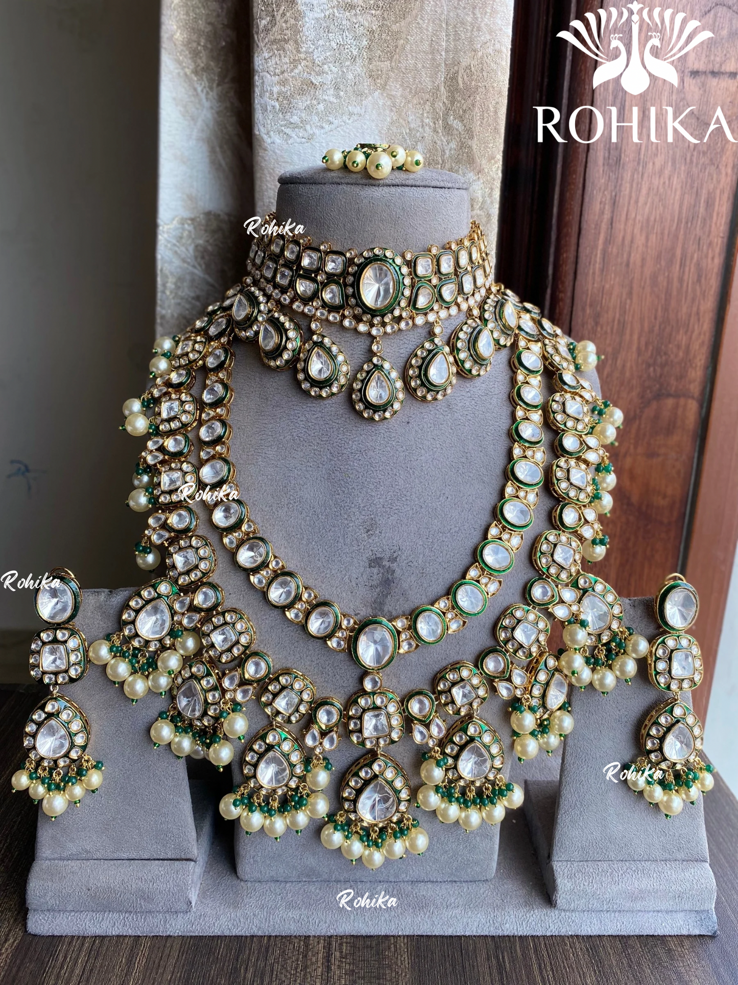 Jal bikaneri polki kundan bridal combo set - Dark Green