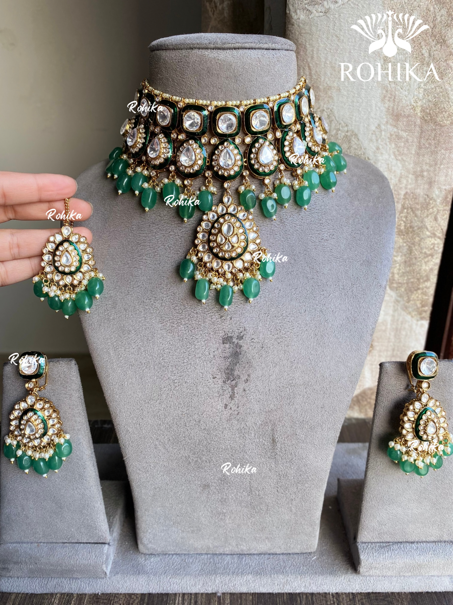 Varsha meenakari polki kundan choker set - Mint Green