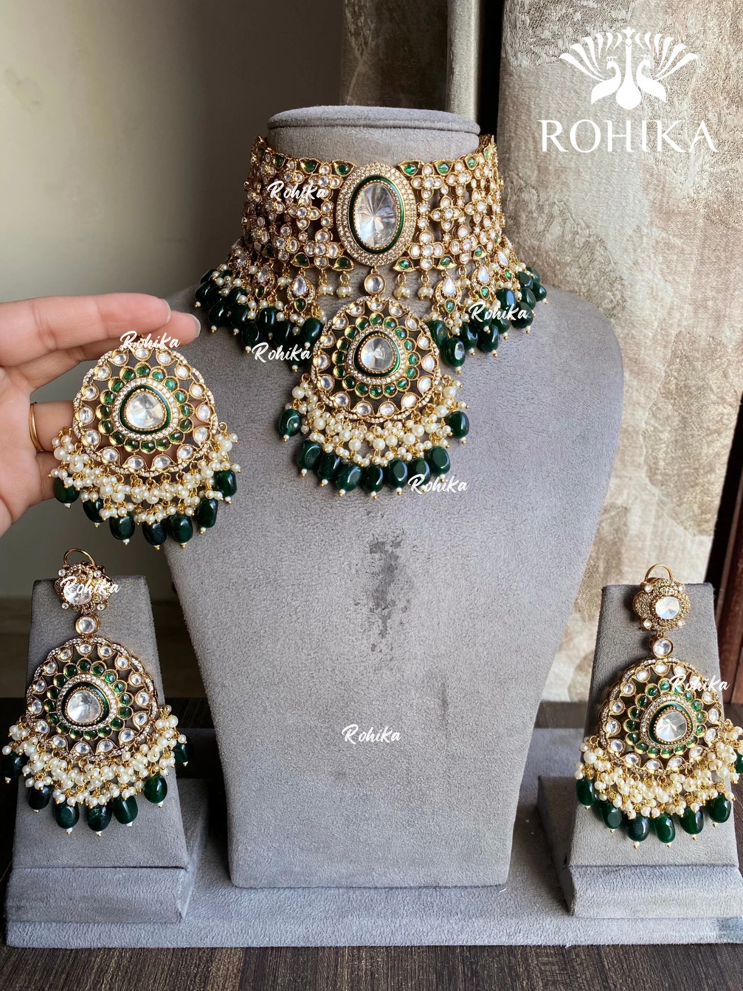 Mriga polki kundan choker set - Dark Green