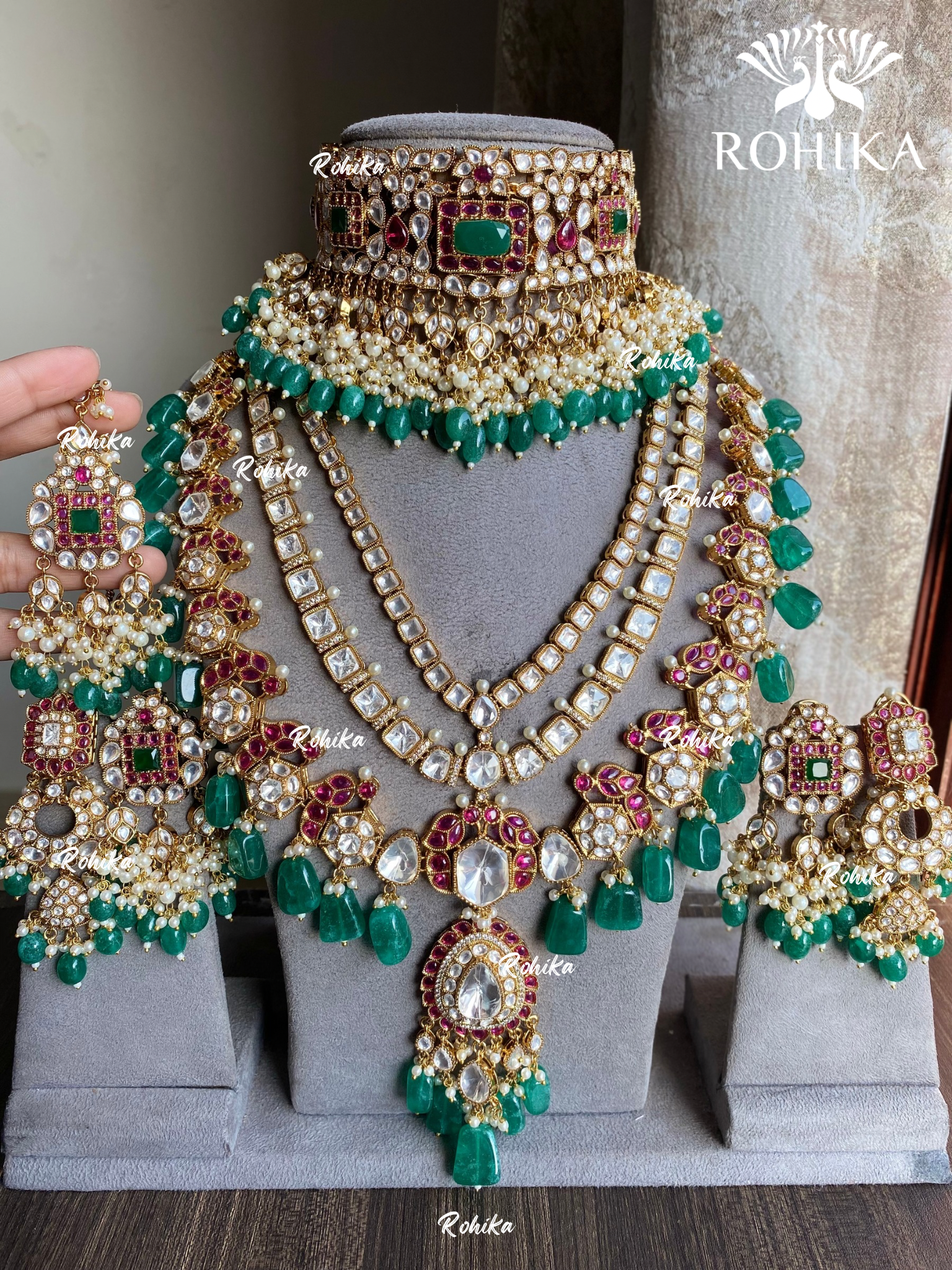 Anmol bikaneri polki kundan bridal combo set - Green and Pink