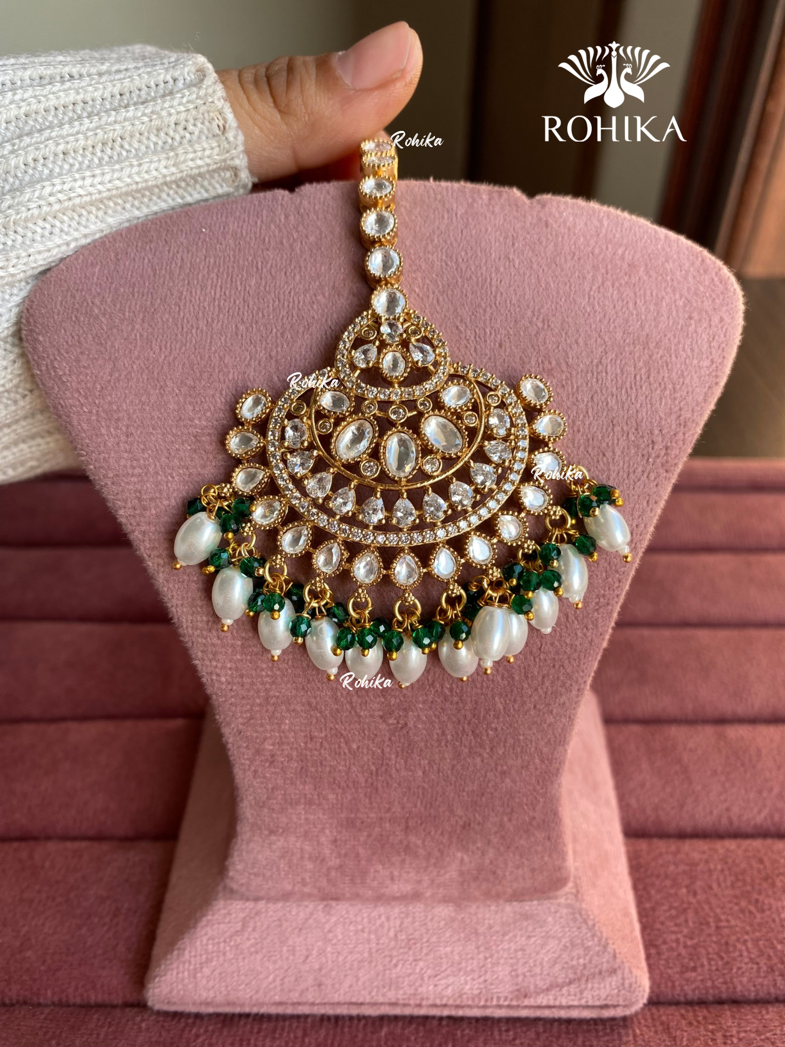 Polki kundan maangtikka (PLKM-050) - White & green