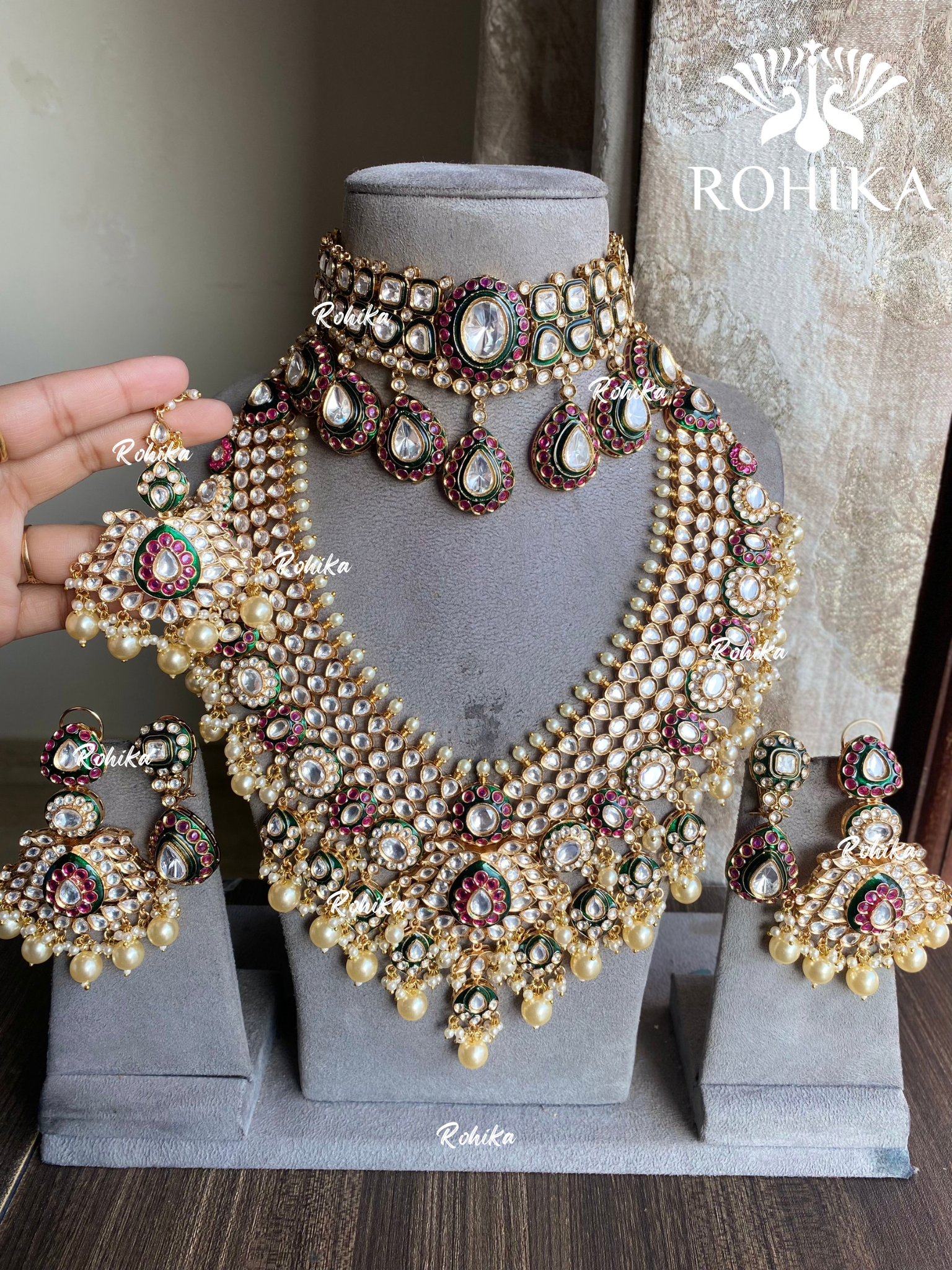 Vayu bikaneri polki kundan bridal combo set - Dark Green and Ruby red 