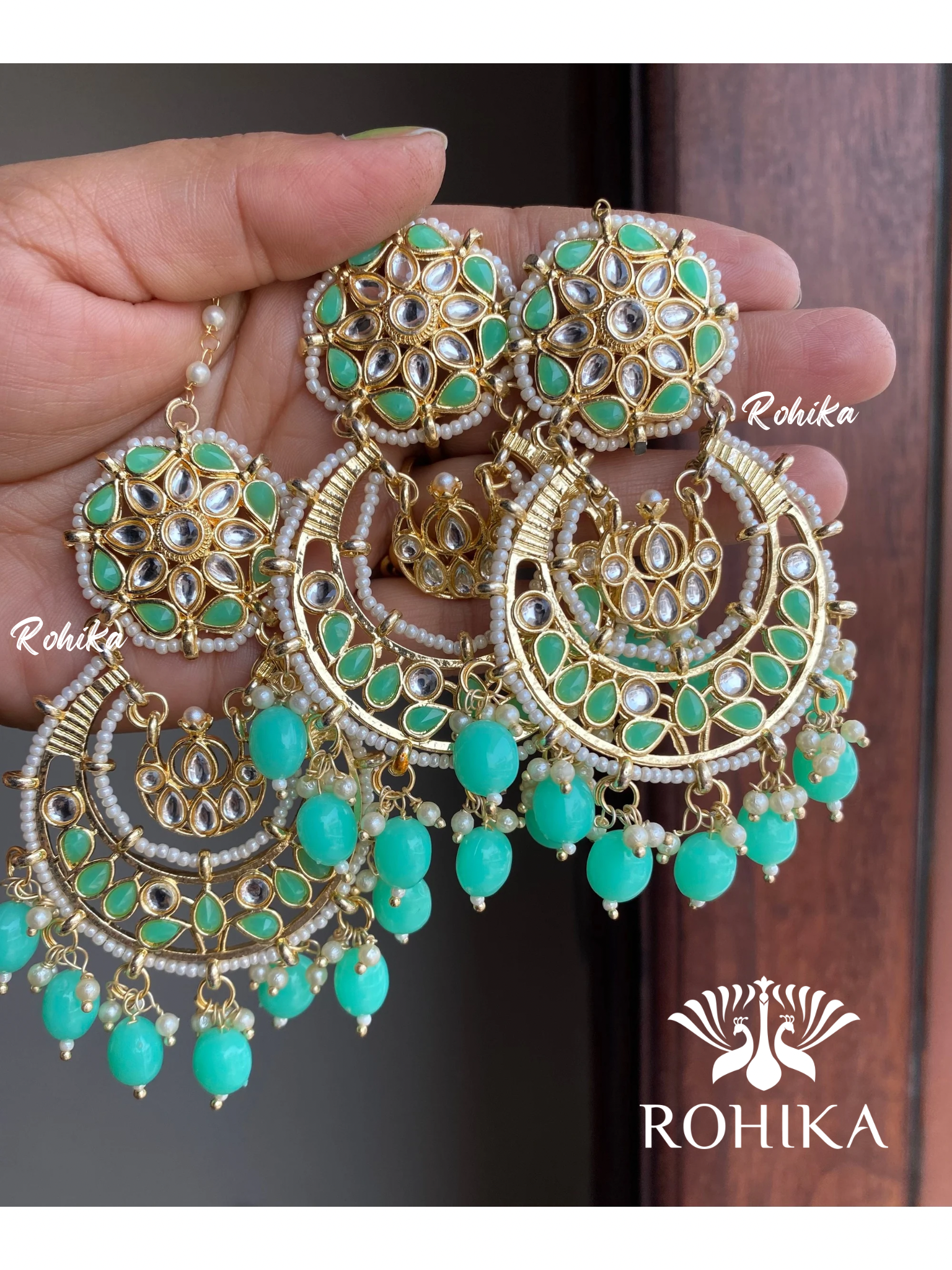 Karina earrings and maangtikka combo - Mint Green