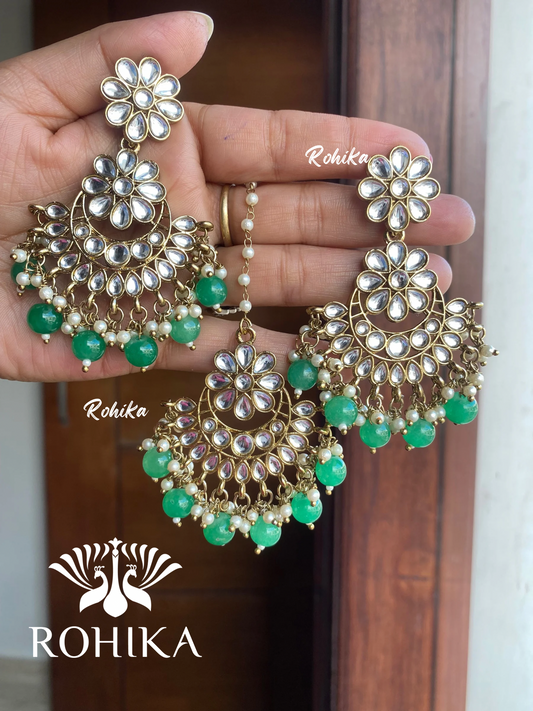 Supriya earrings and maangtikka combo - Dark Green