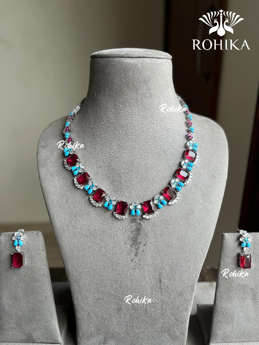 Bella designer AD necklace set - Pink and Blue 