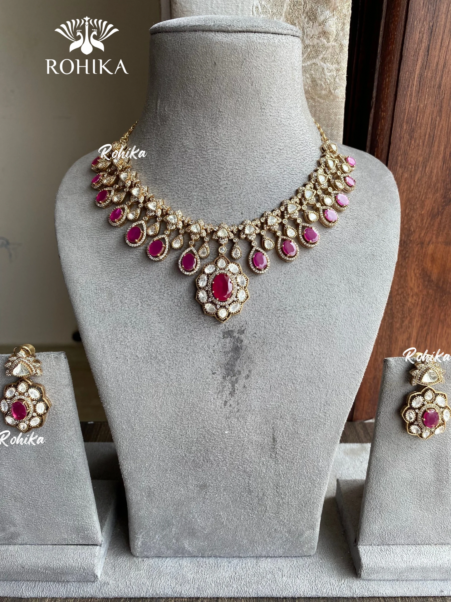 Mallika polki kundan necklace set - Pink