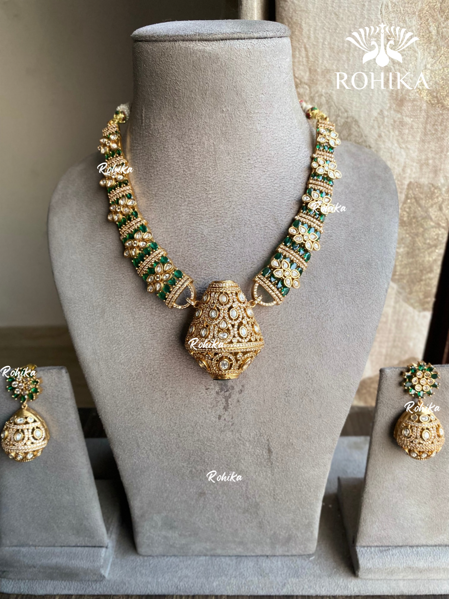 Arya polki kundan necklace set - Dark Green