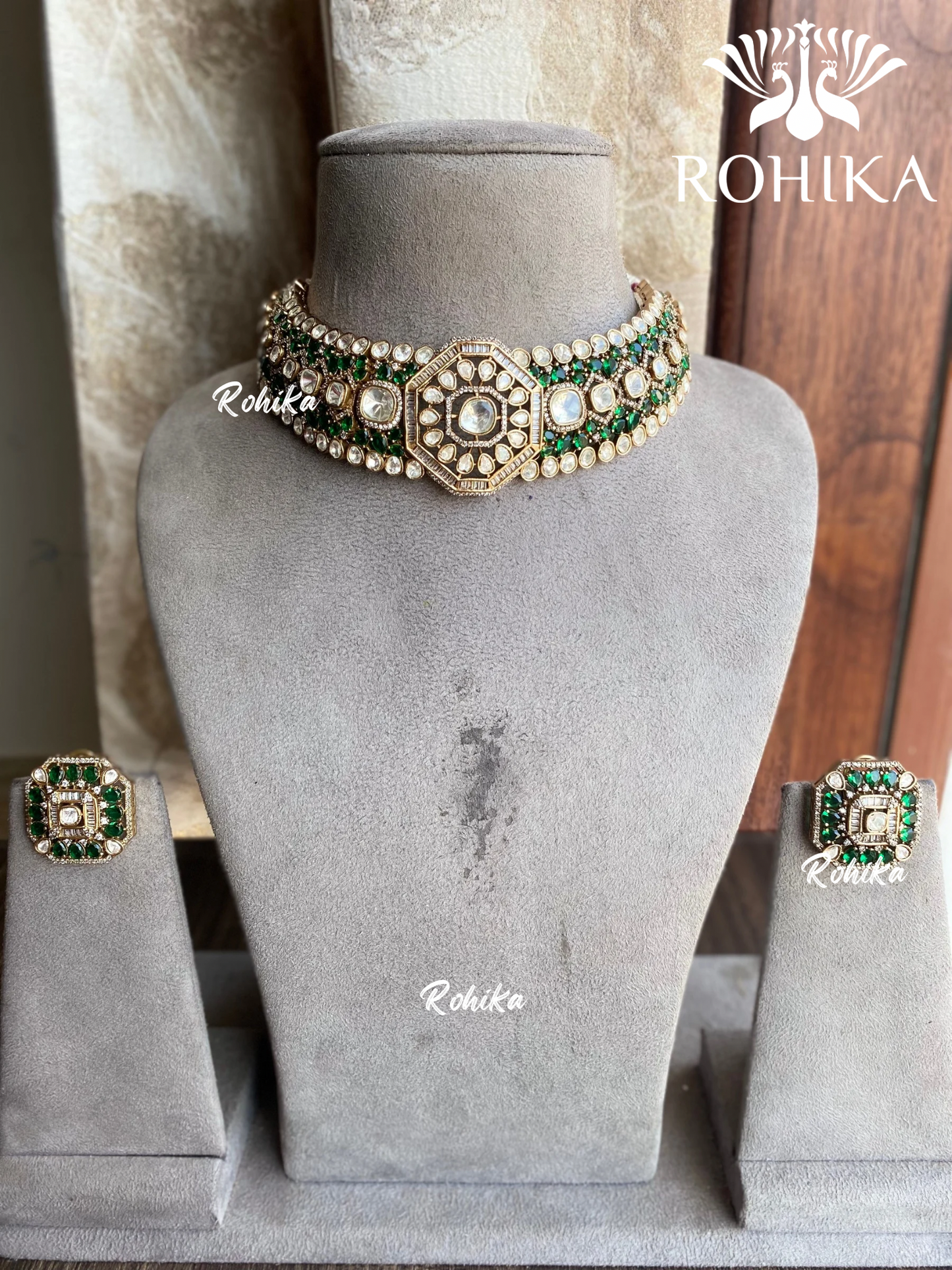 Deep polki kundan choker set - Dark green