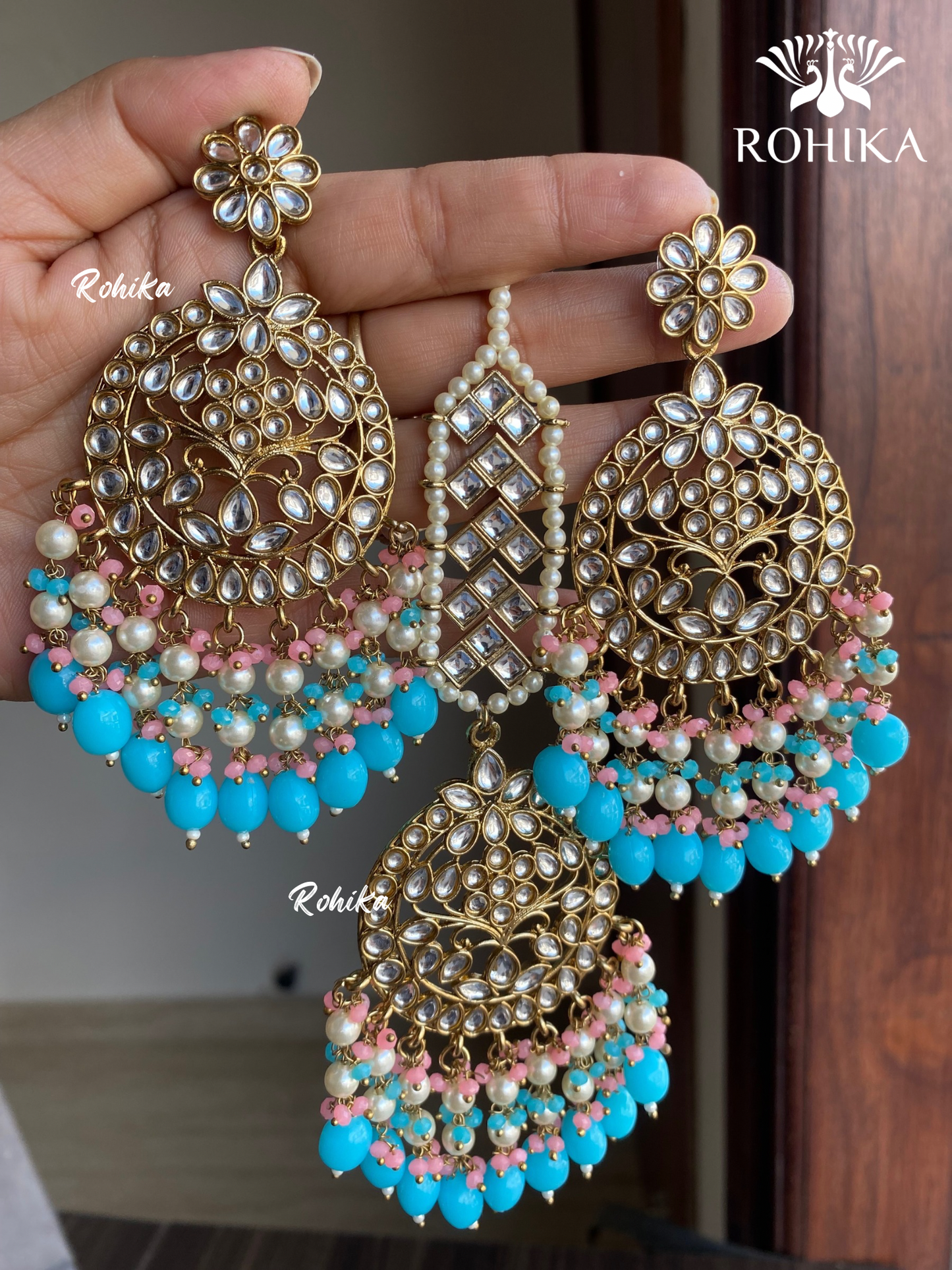 Sapna earrings and maangtikka combo - Sky blue