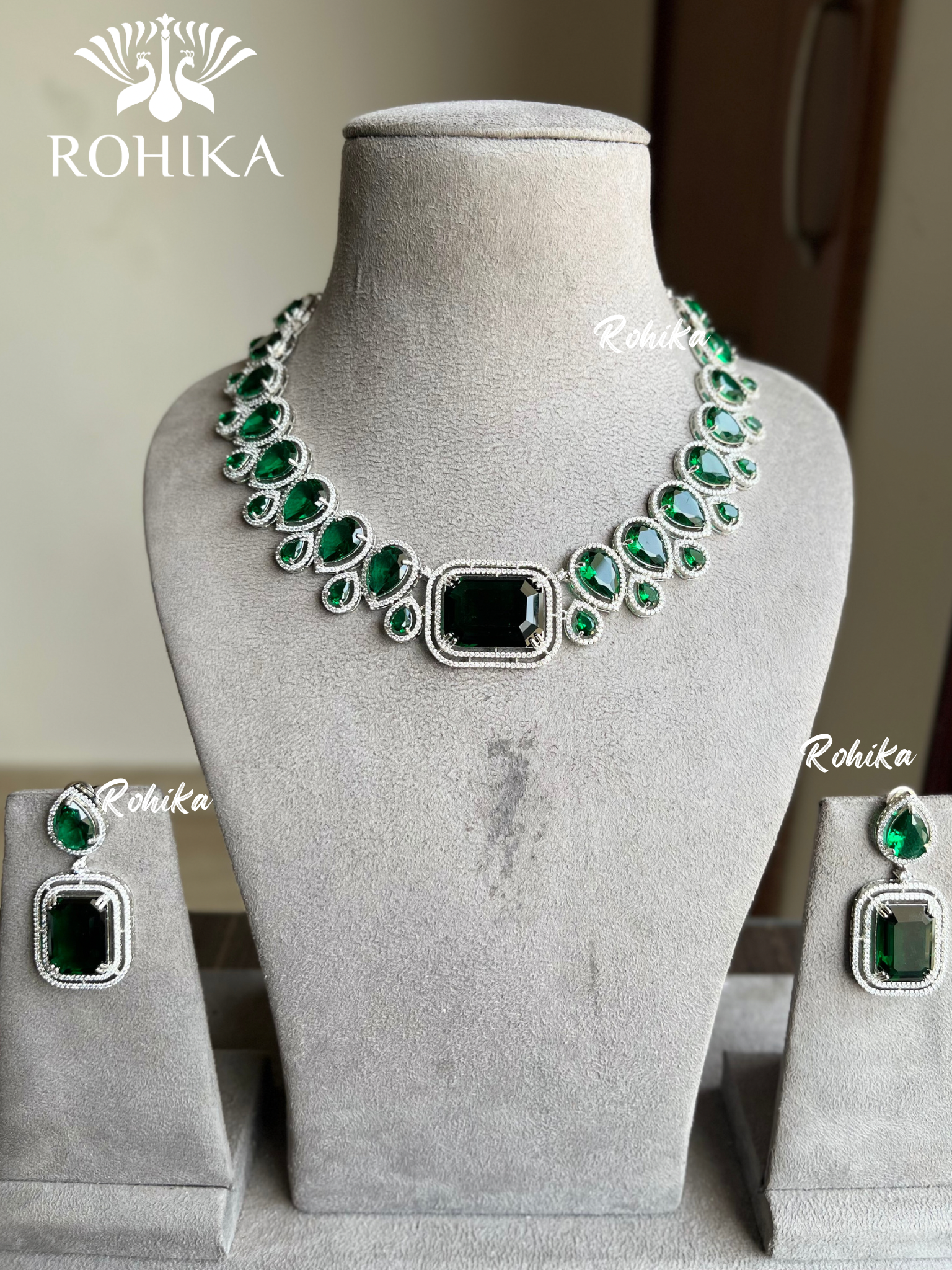 Hoor American diamond necklace set - Dark green