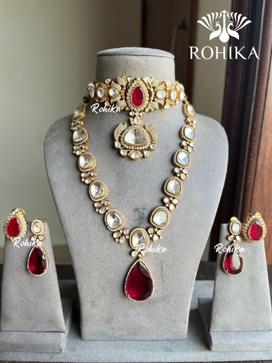 Laksha polki kundan combo set  - Red