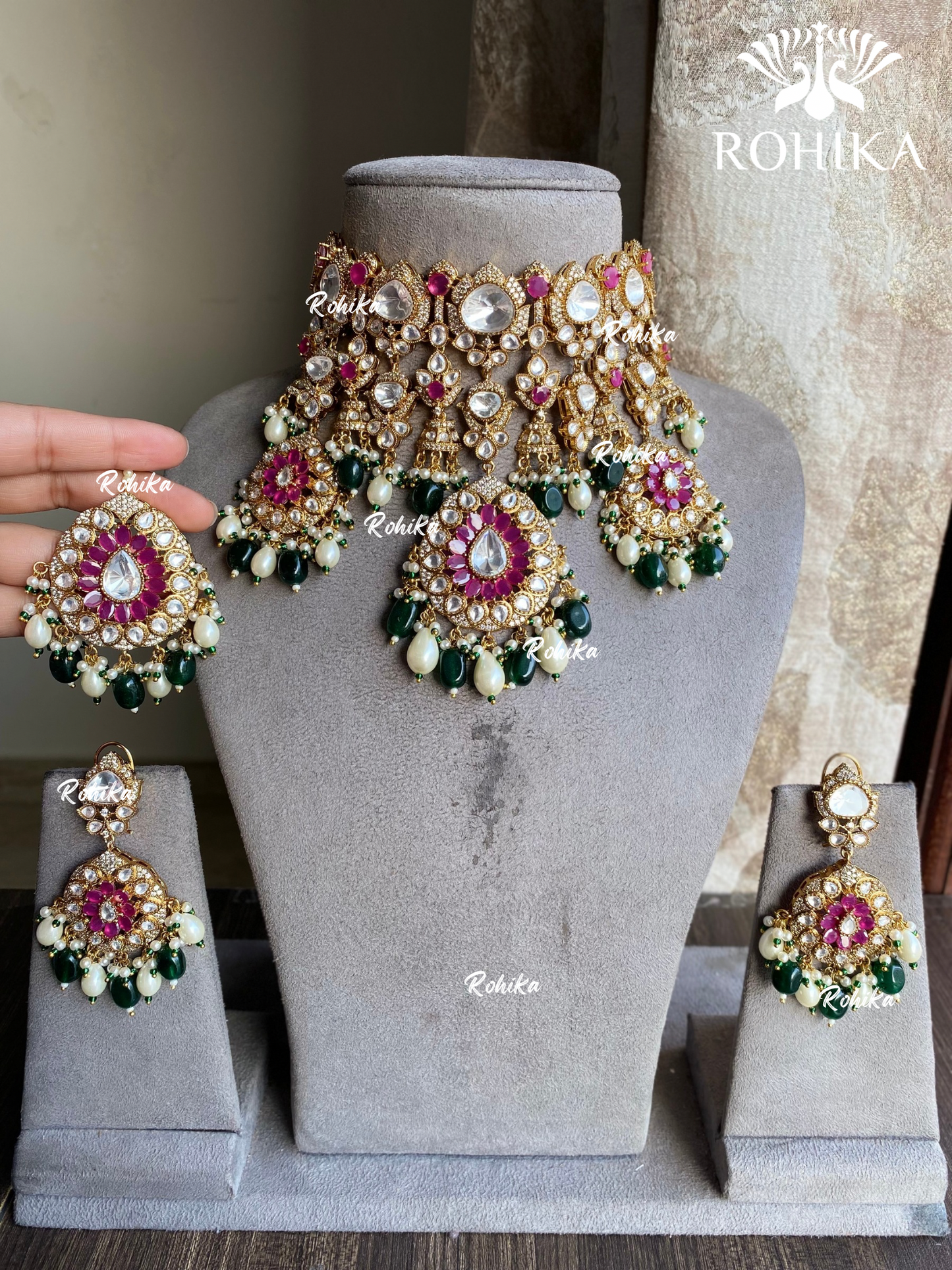 Prithvi moisanite polki kundan choker set - Green and Ruby