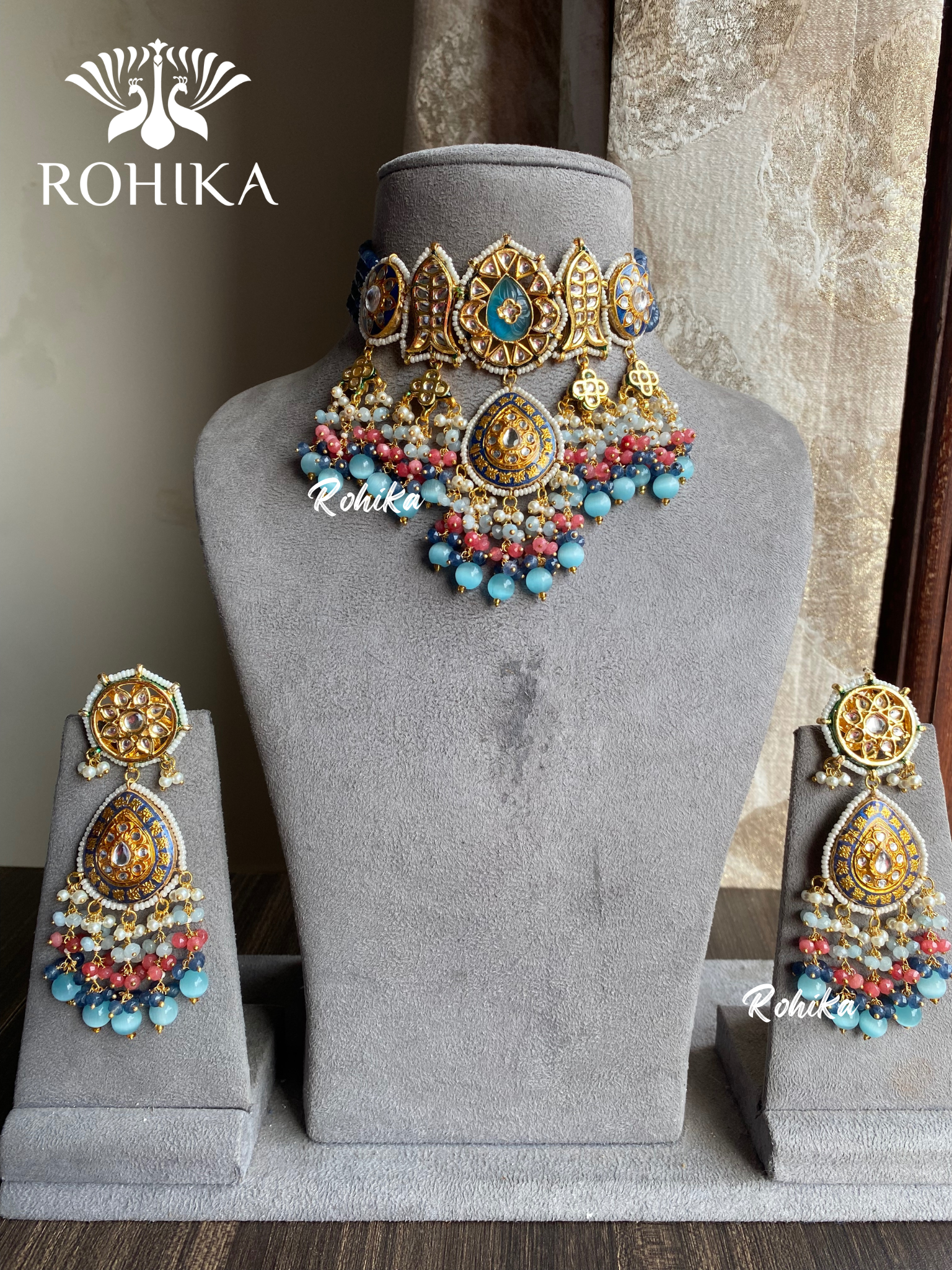 Kaya meenakari kundan choker set - Blue