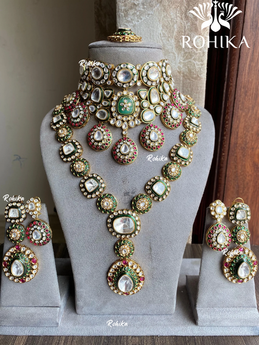 Durga bikaneri polki kundan bridal combo set - Green