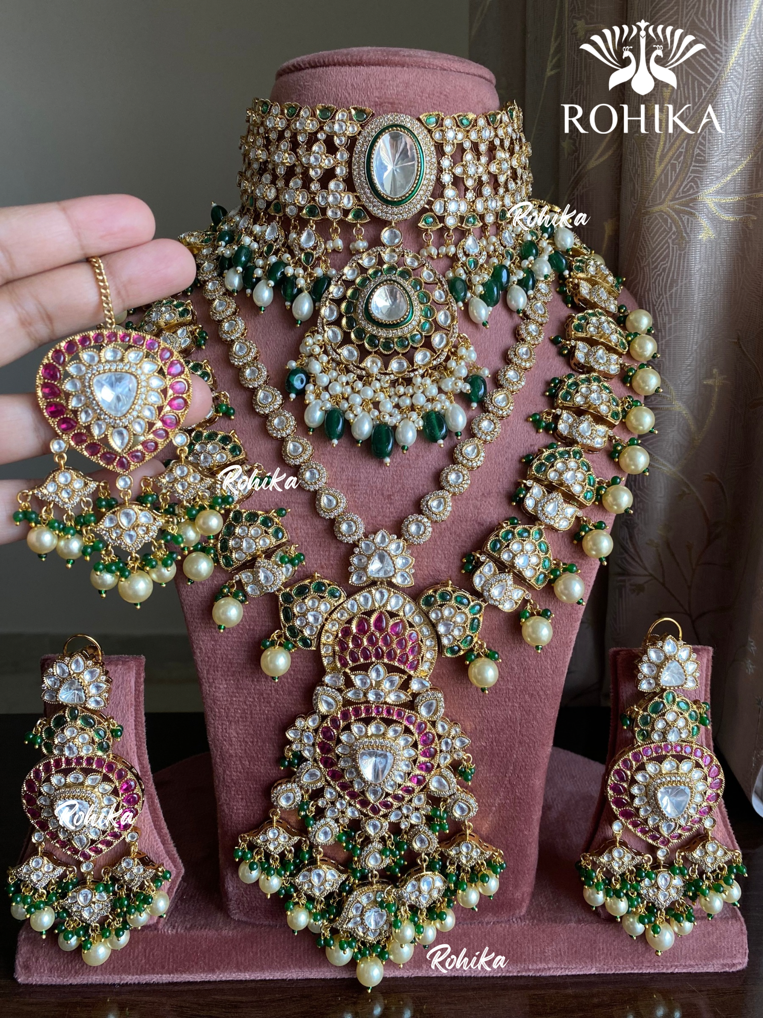 Krati bikaneri kundan necklace combo set - Dark green