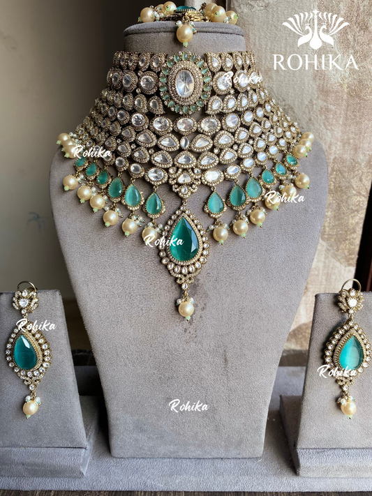 Oshin polki kundan bridal necklace set - Mint Green