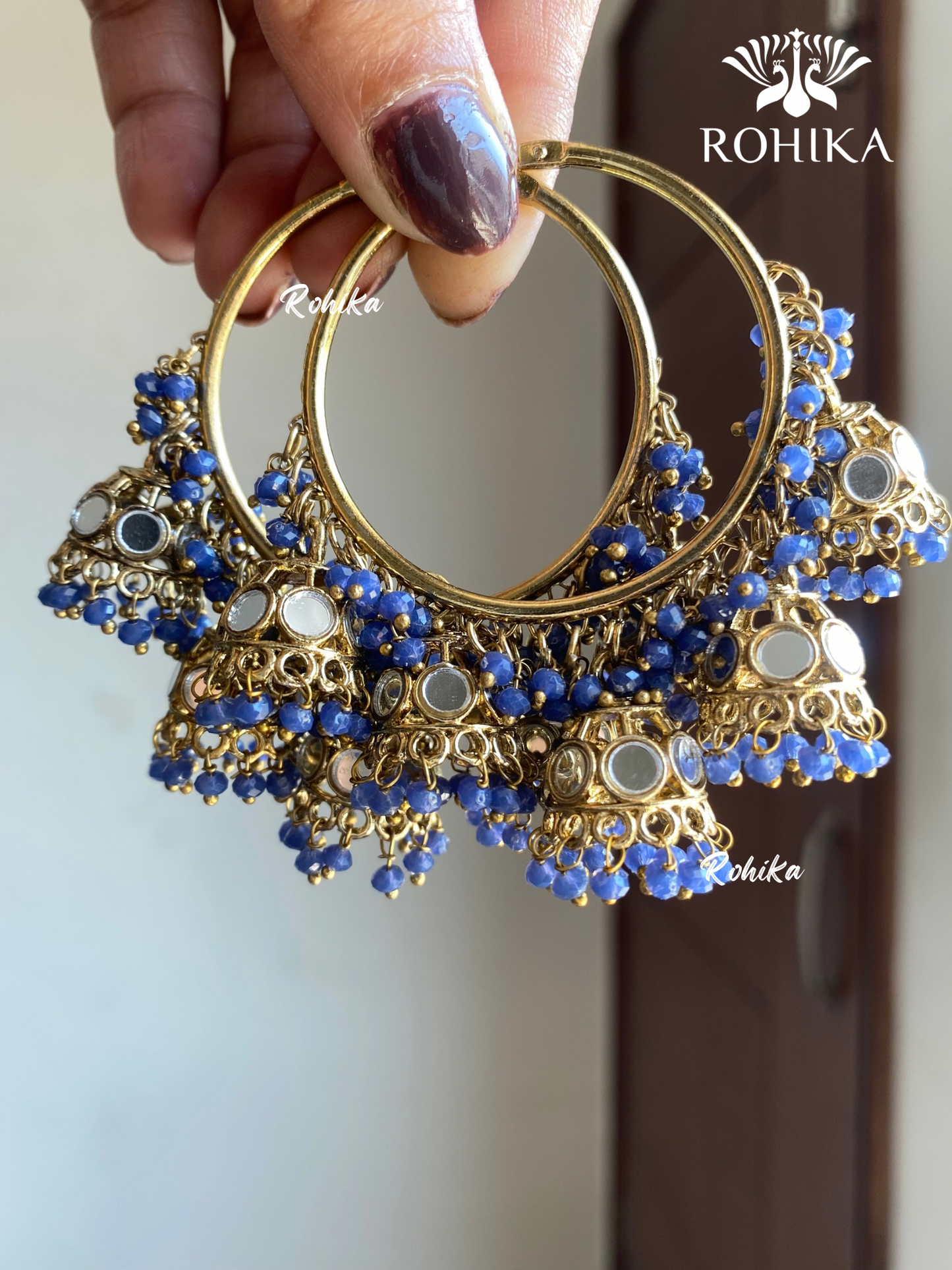 Leena mirror jhumki bali earrings - Dark blue