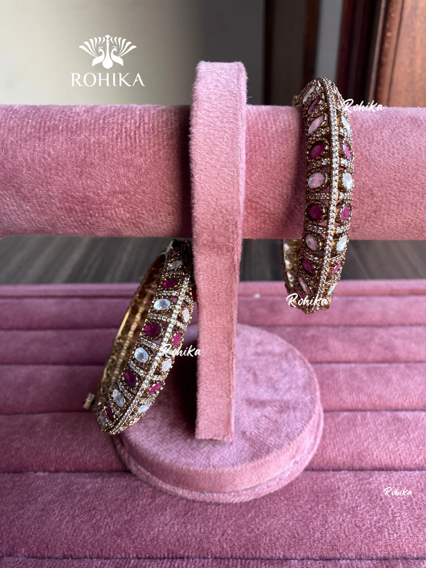 Pushp moisinite kundan kada/bangles - Pink