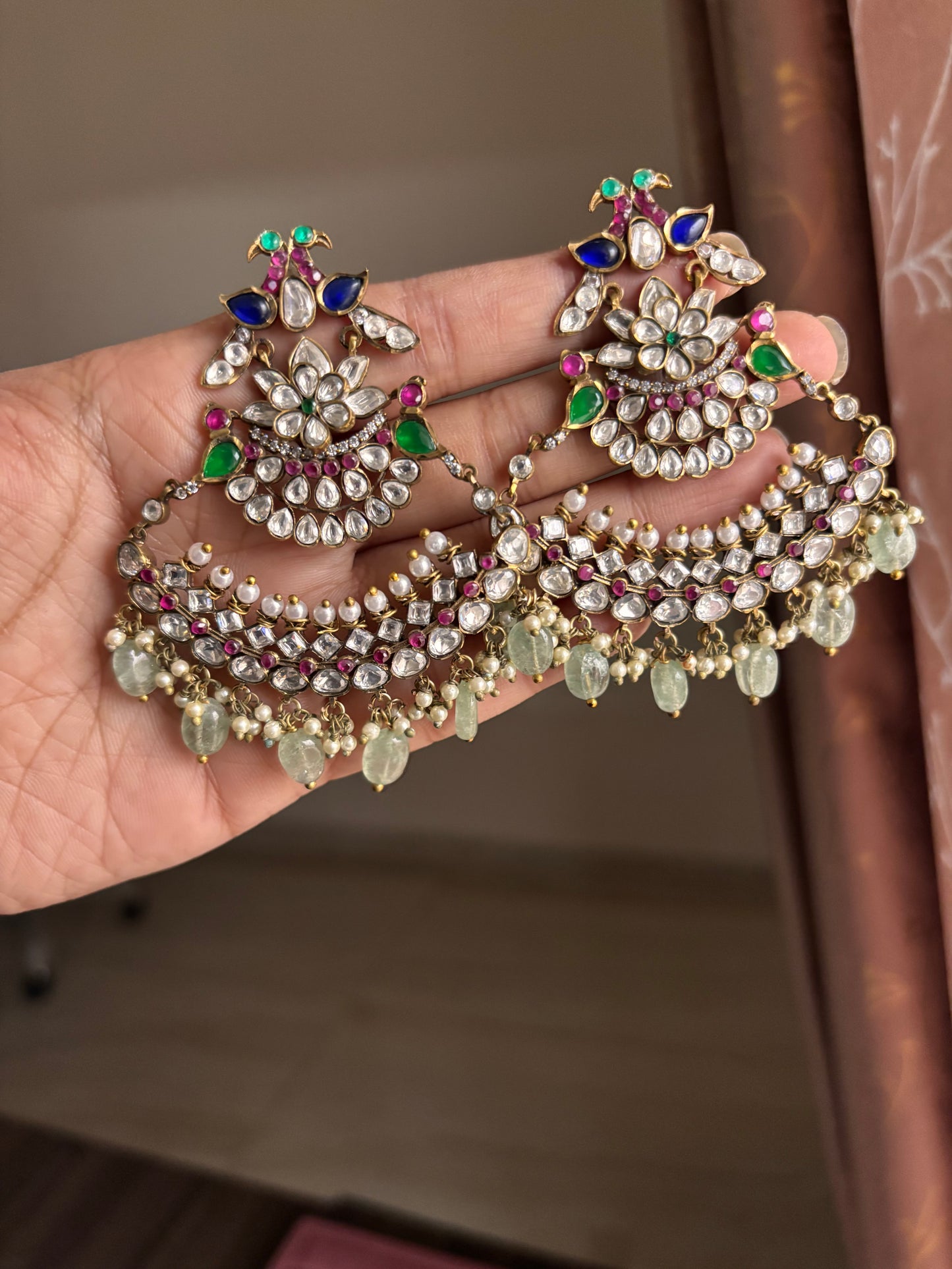 Raha Moisannite Chandbali Earrings - Mint green