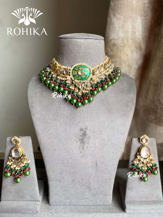 Nitara meenakari kundan necklace set - Dark Green