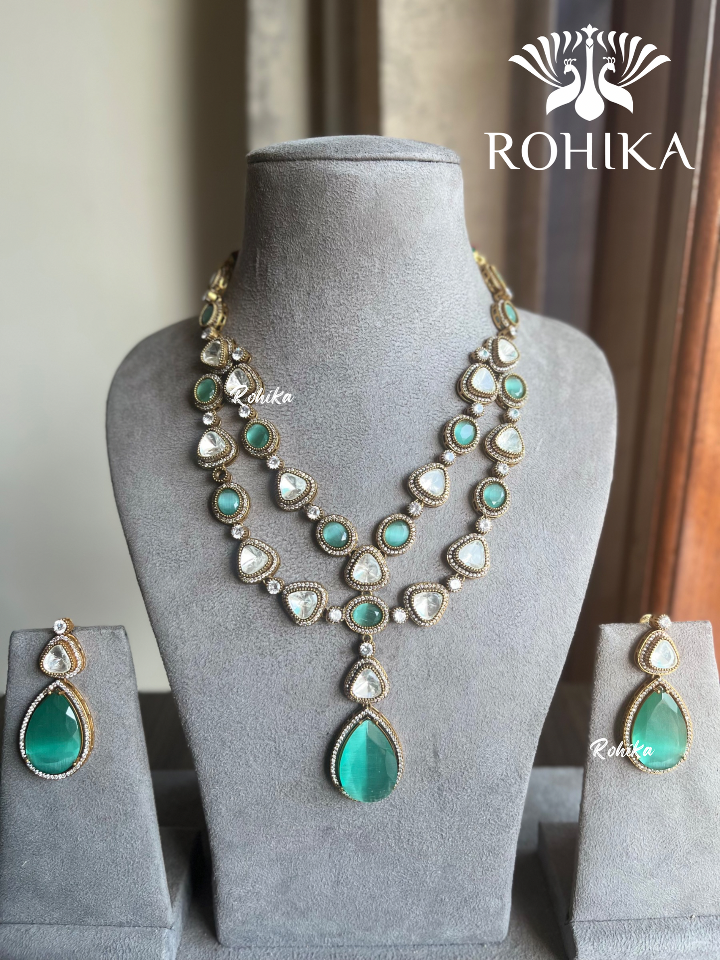 Kala double layer necklace set - Mint Green