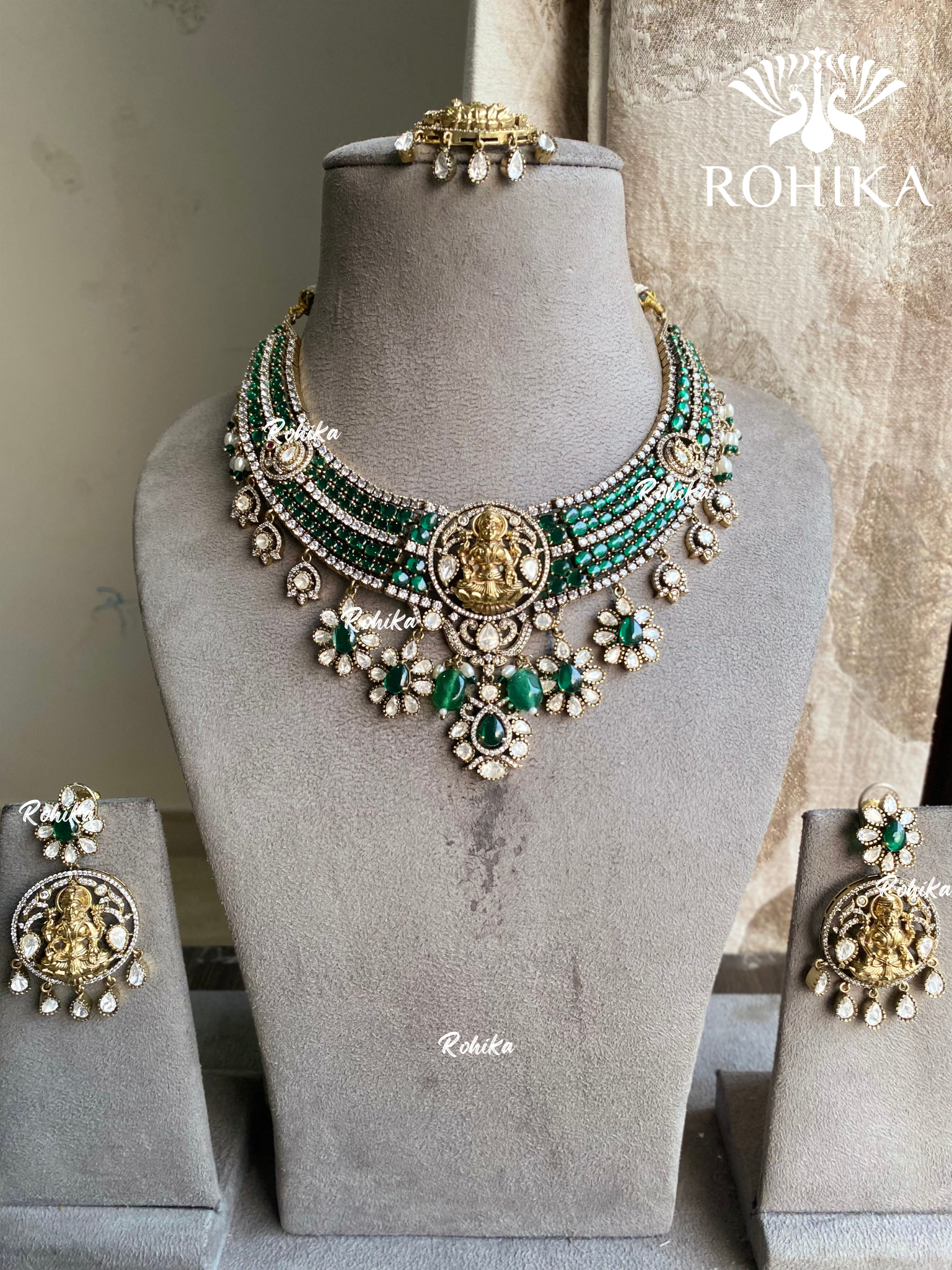 Laxmi moisanite polki necklace set - Dark Green