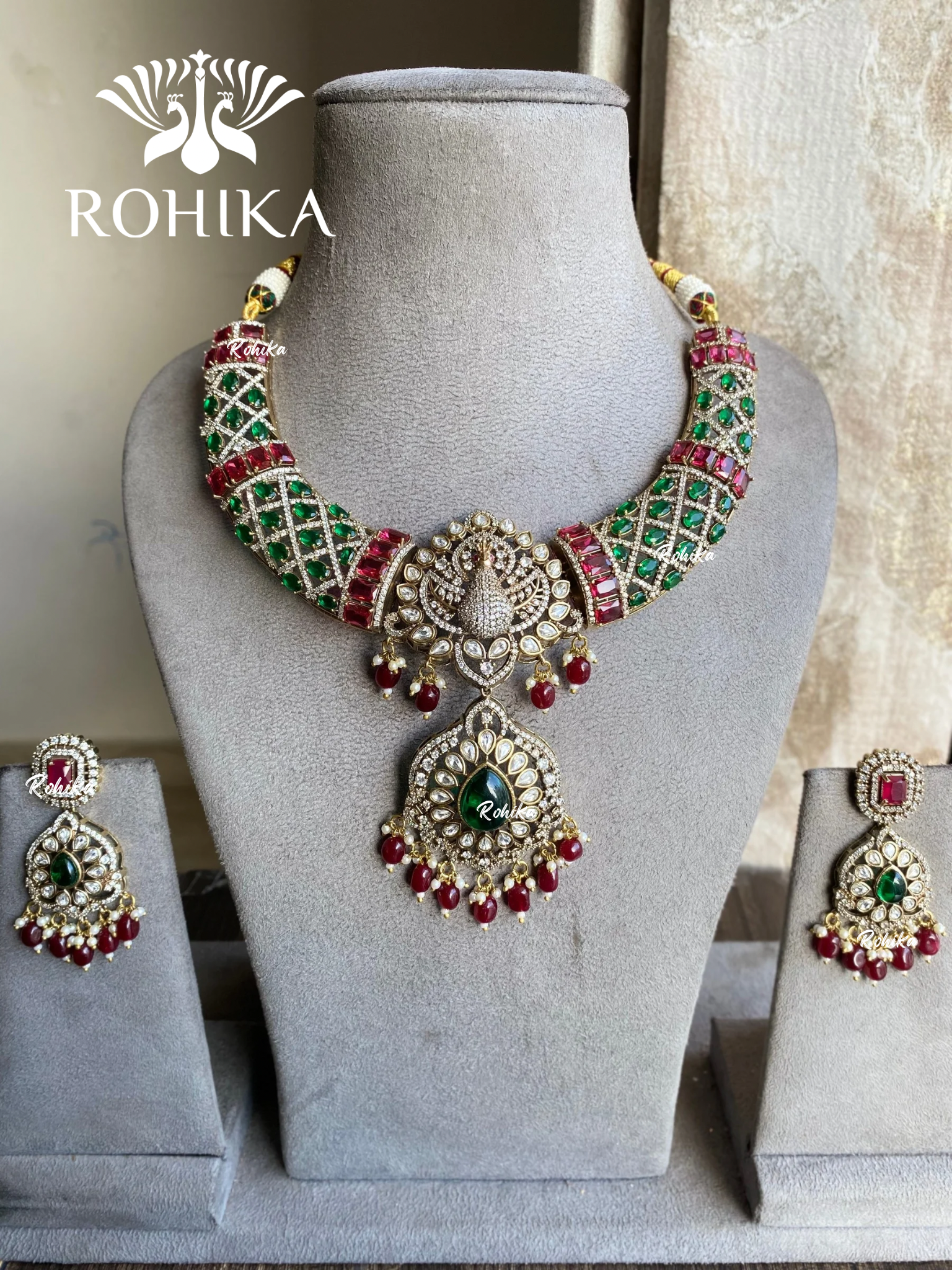 Pankhuri polki kundan necklace set - Green & red