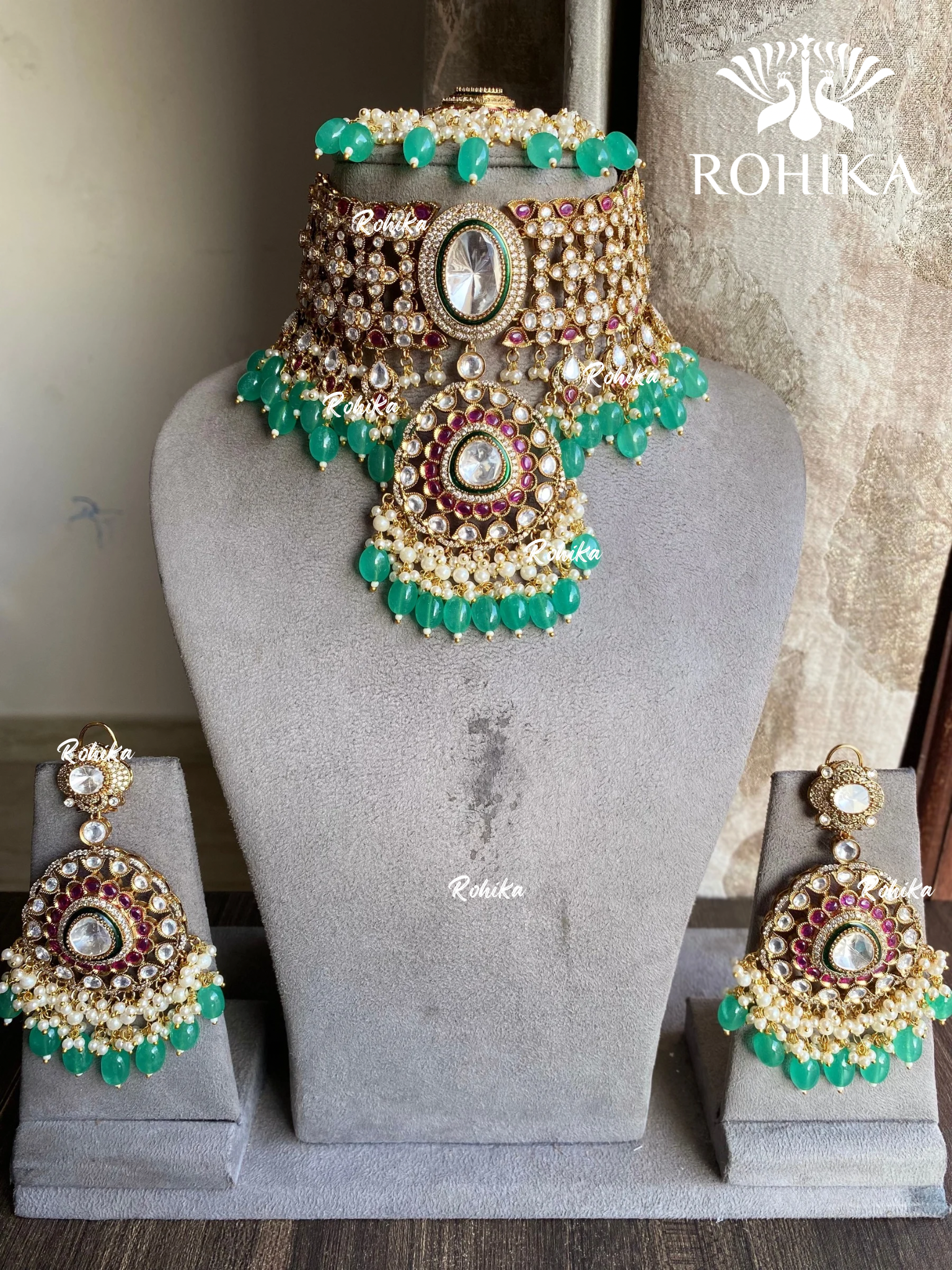 Mriga polki kundan choker set - Mint Green