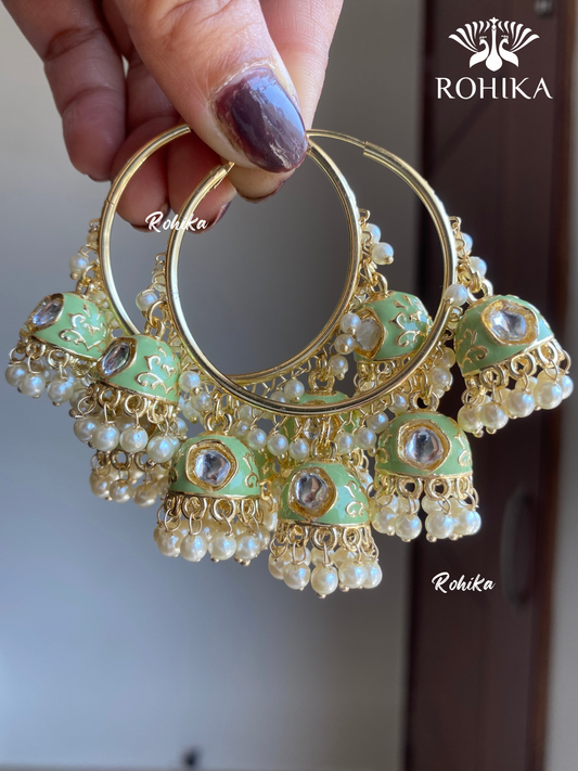 Neena meenakari jhumki bali earrings - Mint green