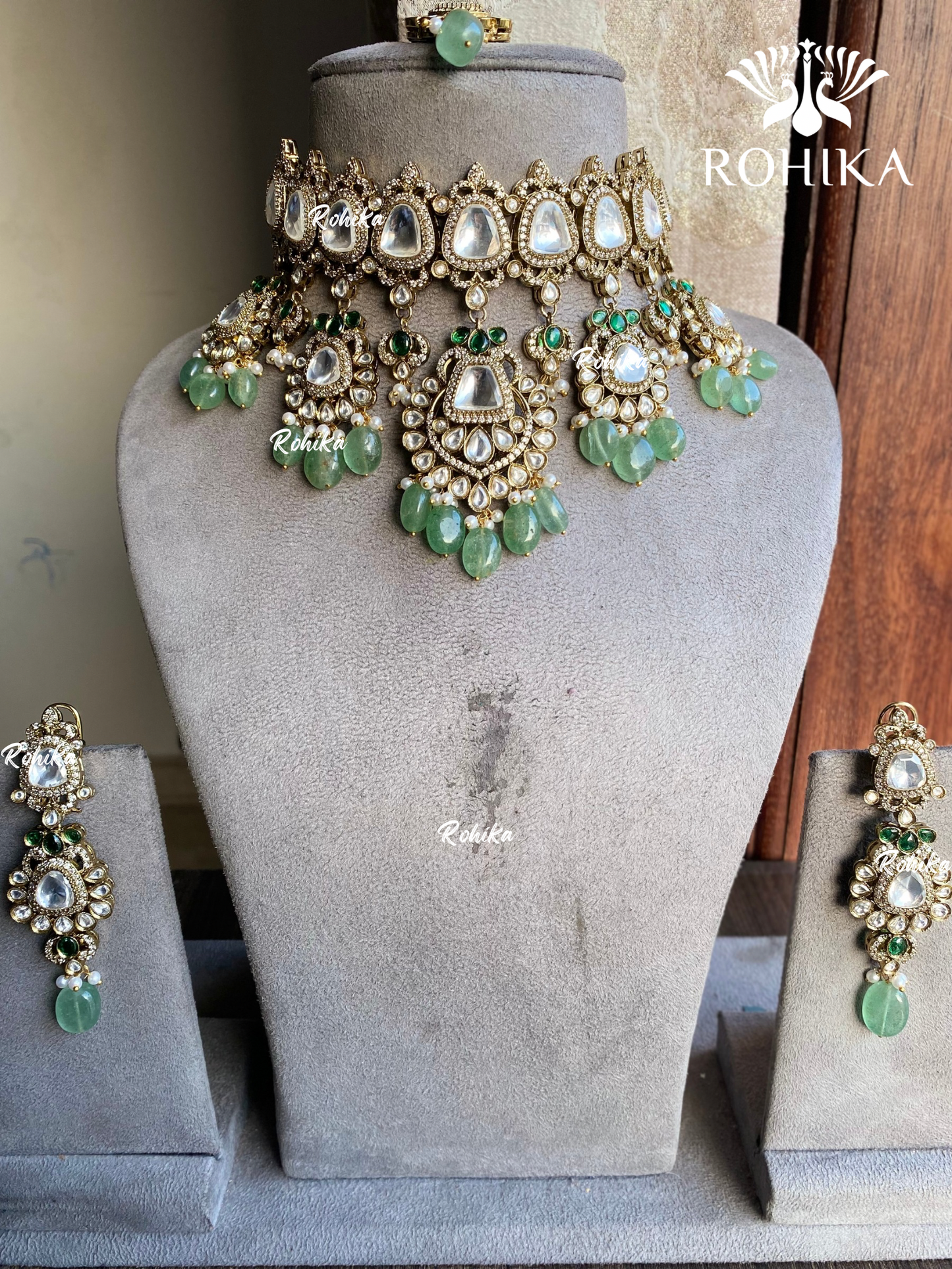 Visha polki kundan choker set - Mint green